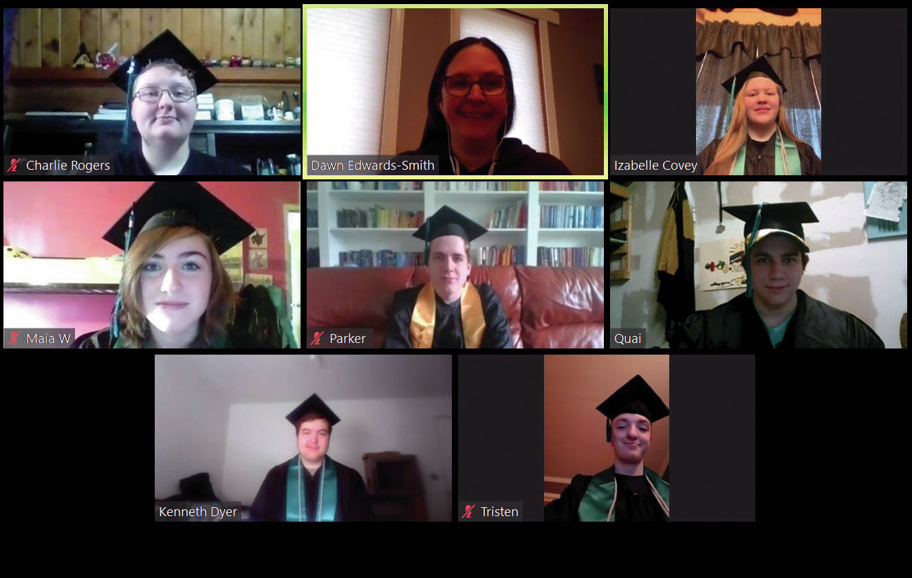 Graduates of River City Academy practice for their virtual graduation with principal Dawn Edwards-Smith this week. The graduates are Charlie Rogers, Izabelle Covey, Maia Whitney, Parker Kincaid, Quai Plate, Kenneth Dyer and Tristen Kane. Not pictured is Andrew Fletcher. (Photo provided by Dawn Edwards-Smith)