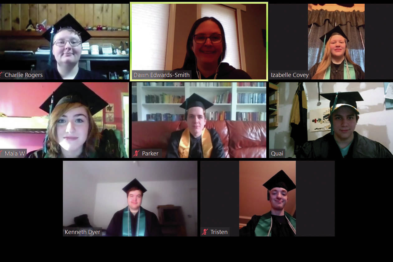 Graduates of River City Academy practice for their virtual graduation with principal Dawn Edwards-Smith this week. The graduates are Charlie Rogers, Izabelle Covey, Maia Whitney, Parker Kincaid, Quai Plate, Kenneth Dyer and Tristen Kane. Not pictured is Andrew Fletcher. (Photo provided by Dawn Edwards-Smith)