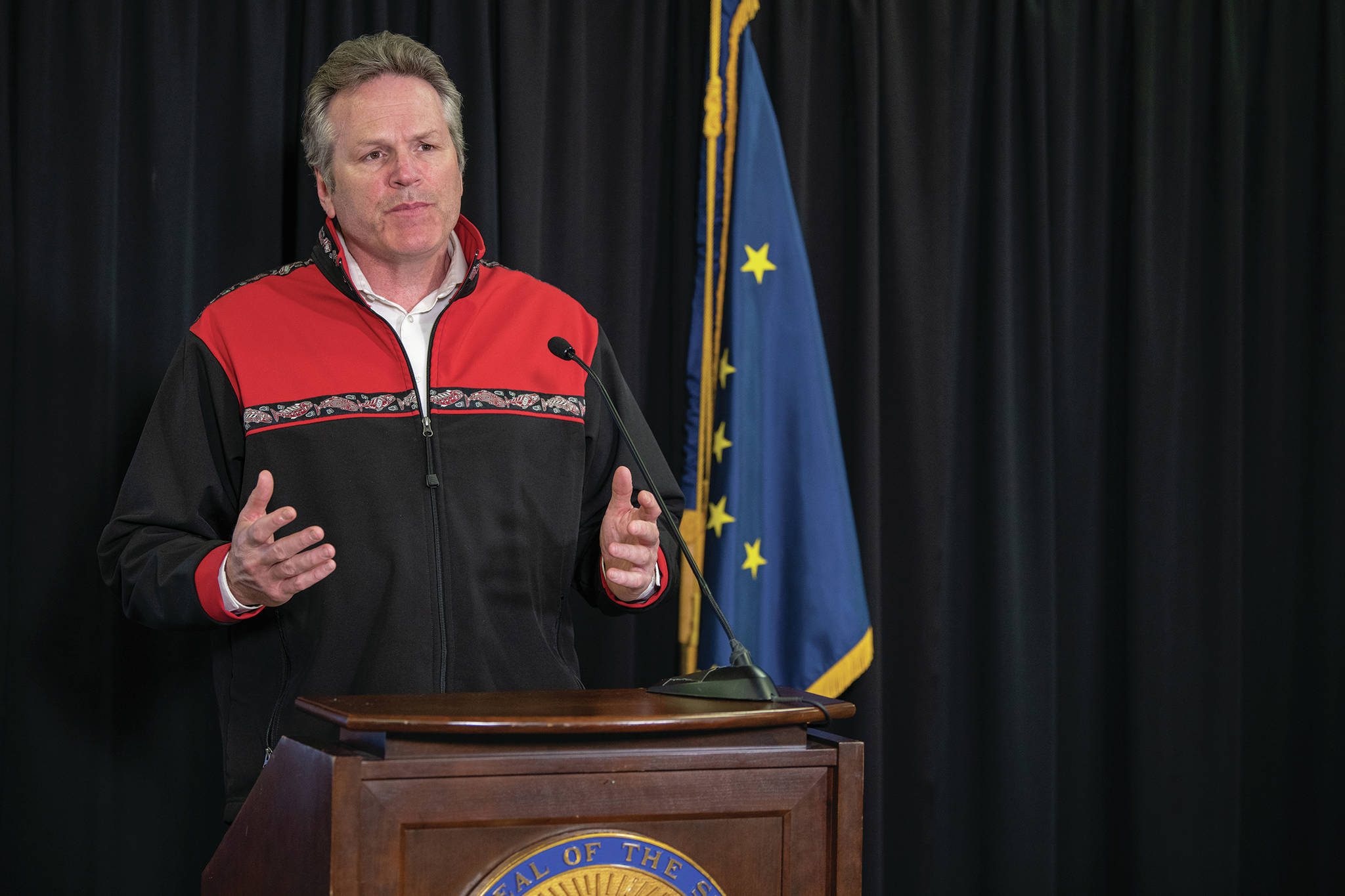 Gov. Mike Dunleavy speaks at a press conference on May 11, 2020, in the Atwood Building in Anchorage, Alaska. (Photo by Austin McDaniel courtesy Office of the Governor)