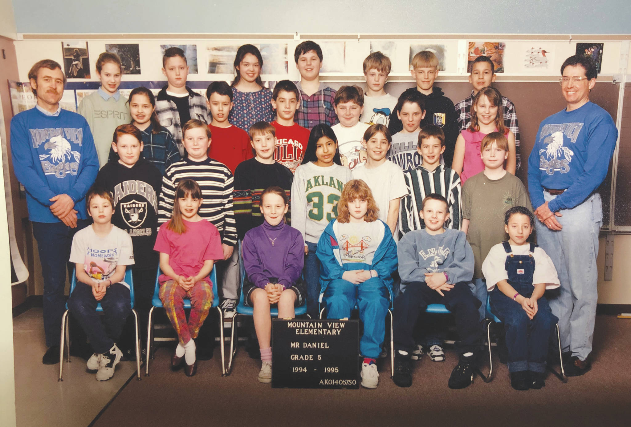 A yearbook photo of David Daniel’s fifth grade Mountain View Elementary class from the 1994-95 school year. Daniel is on the far right. Belinda Espy, now Smith, is in the bottom row on the far right. Smith now teaches second grade at Mountain View. Daniel is retiring after 34 years with the Kenai Peninsula Borough School District. (Photo provided by Karl Kircher)