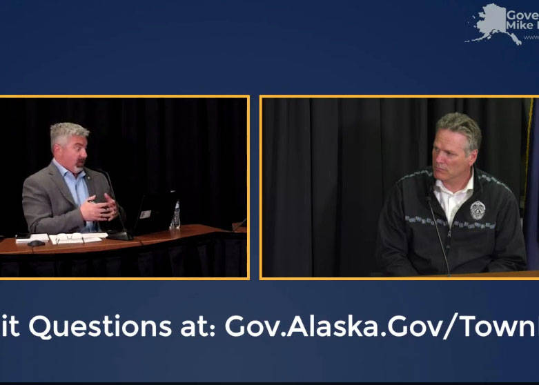 Director of Community Outreach Dave Stieren and Gov. Mike Dunleavy speak during a virtual town hall in Anchorage, Alaska on May 28, 2020. (Screenshot by Brian Mazurek/Peninsula Clarion)