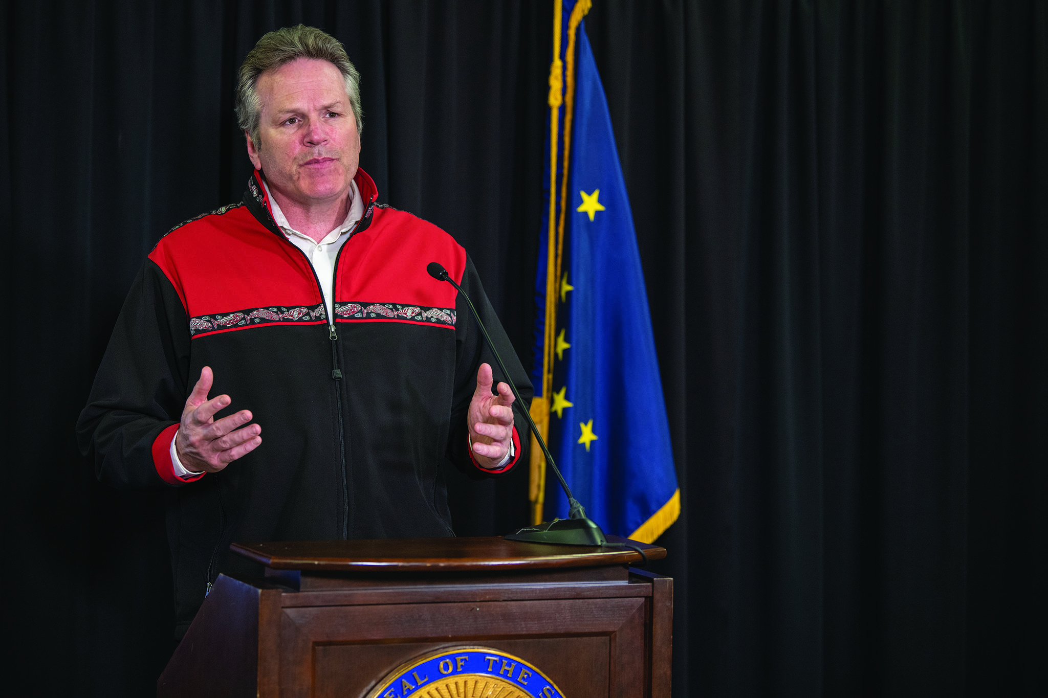 Gov. Mike Dunleavy speaks at a press conference on May 11, 2020, in the Atwood Building in Anchorage, Alaska. (Photo by Austin McDaniel/Office of the Governor)