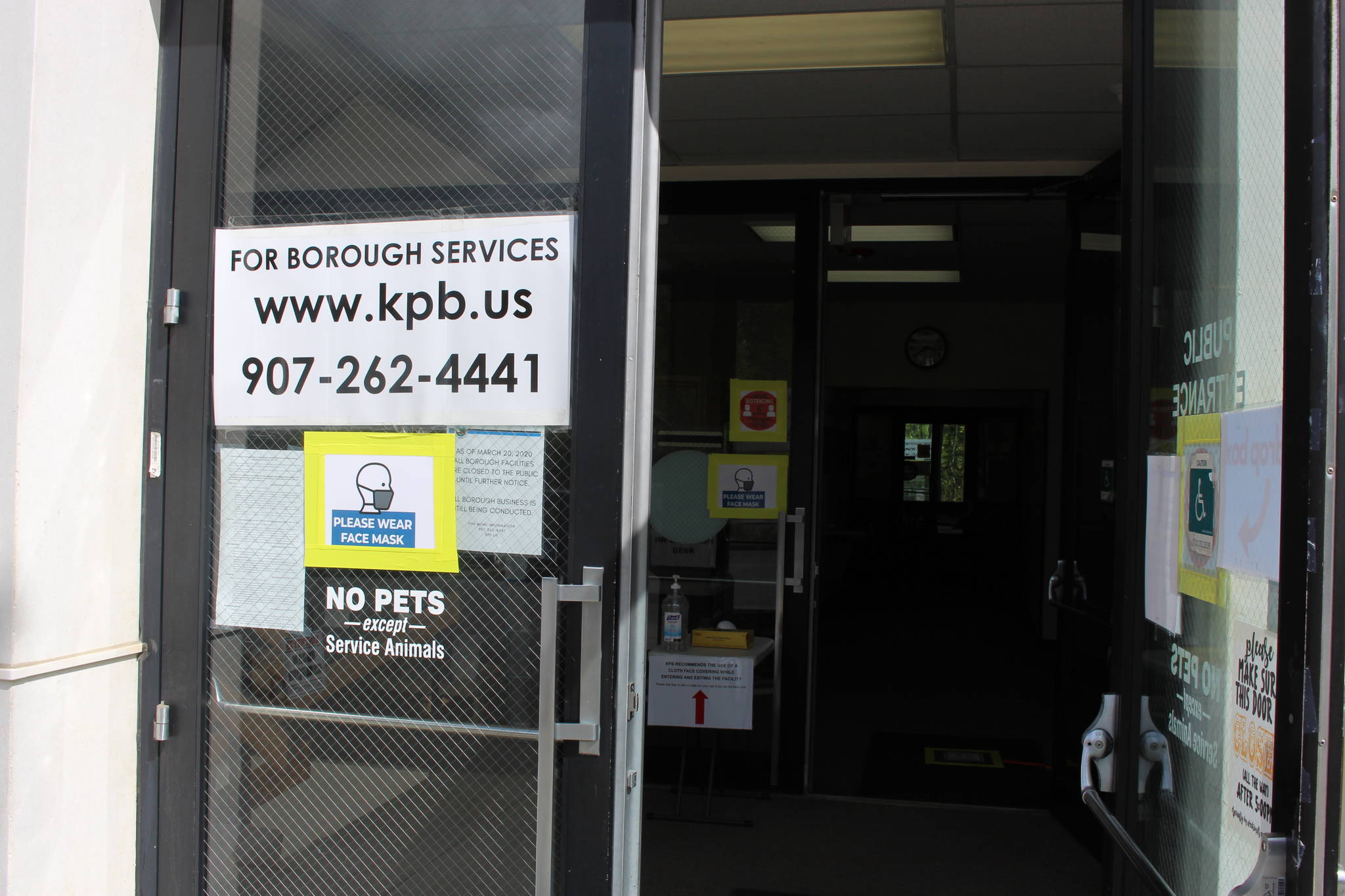 The entrance to the Kenai Peninsula Borough building in Soldotna is photographed on Monday, June 1. (Photo by Brian Mazurek/Peninsula Clarion)