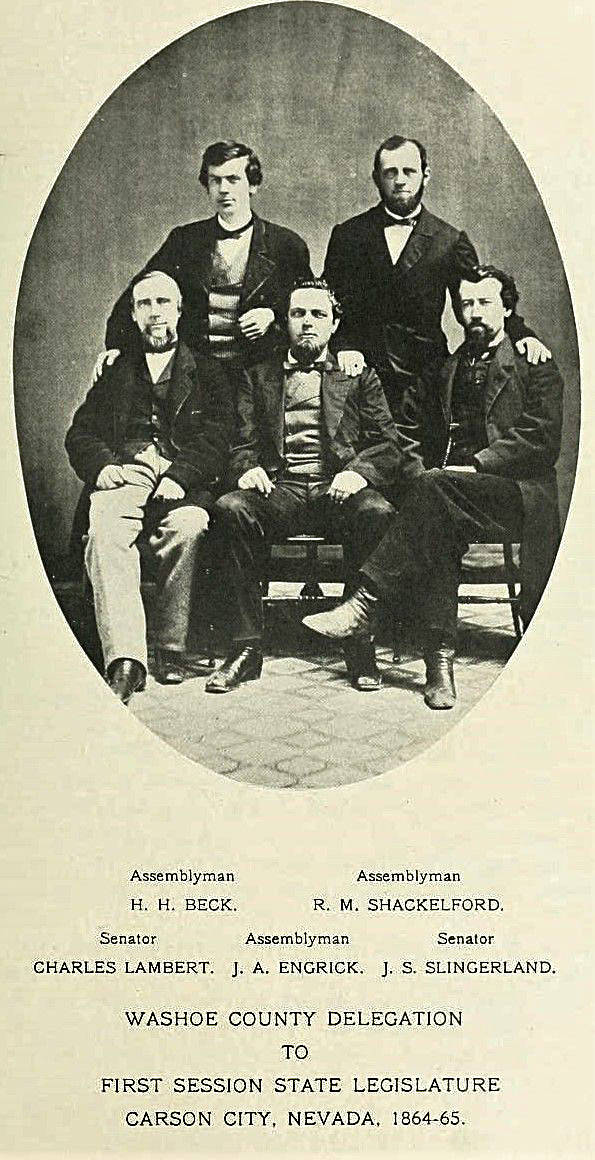 Photos courtesy Clark Fair
This portrait shows Richard Shackelford (back row, at right) in the mid-1860s when he served on the first Nevada State Assembly.