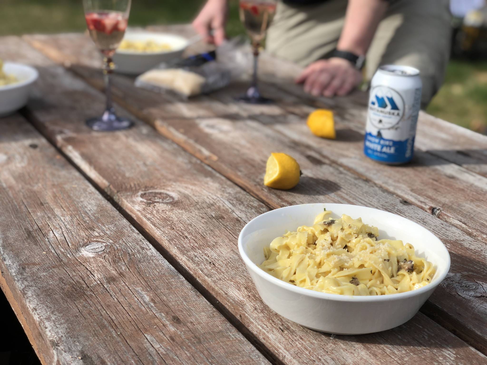Victoria Petersen / Peninsula Clarion                                 Morel pasta is enjoyed outside on May 19, 2019, near Kenai.