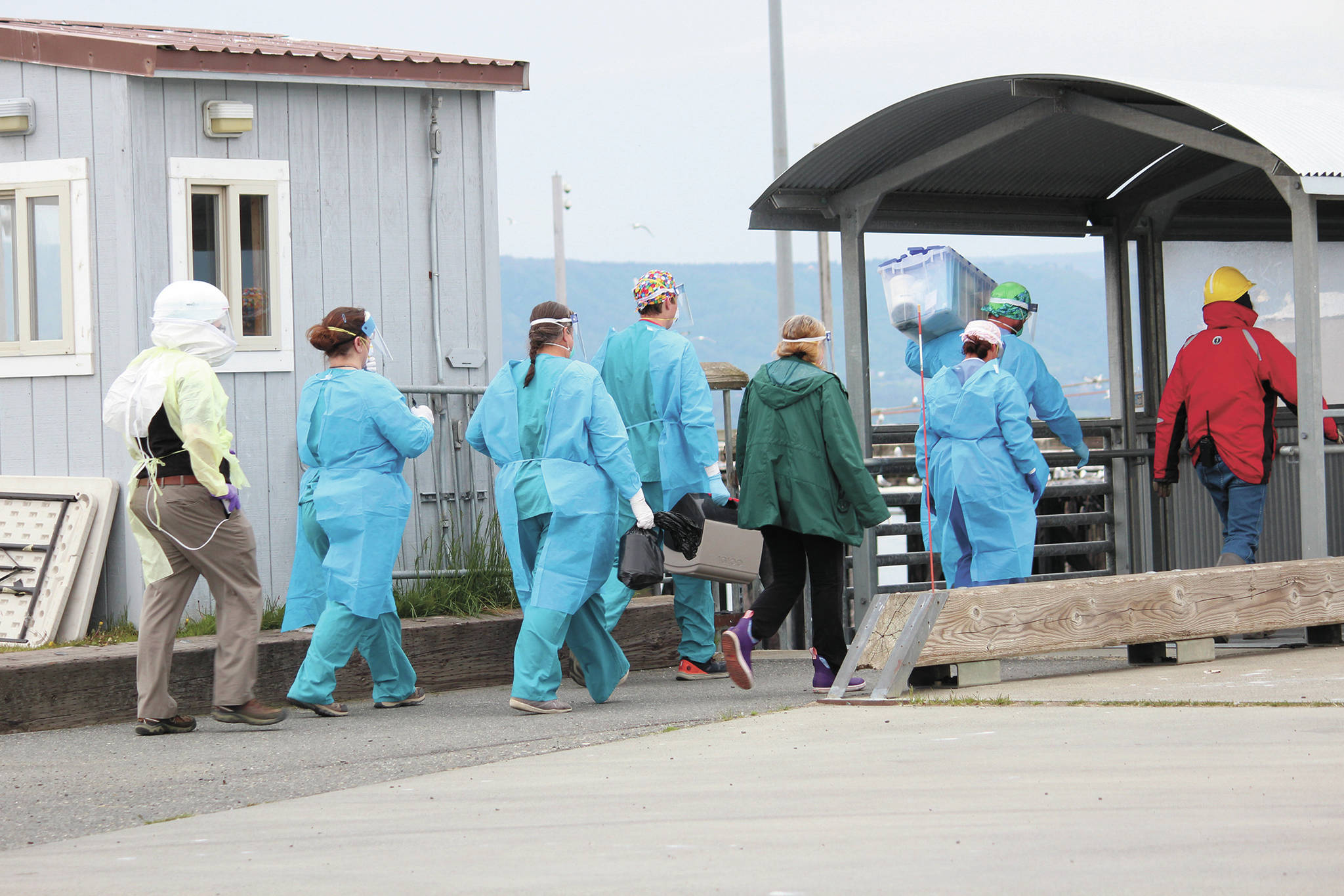 Staff from South Peninsula Hospital and Homer Public Health prepare to board the M/V Tustumena to test 35 crew and six passengers after it docked at the Homer Ferry Terminal on Monday, June 8, 2020 in Homer, Alaska. The ship carried one crew member who tested positive for COVID-19 on Saturday in Dutch Harbor. Health workers tested people on board the ship when it arrived, and crew and passengers were only allowed to disembark if they had private transportation to their final quarantine destination. (Photo by Megan Pacer/Homer News)