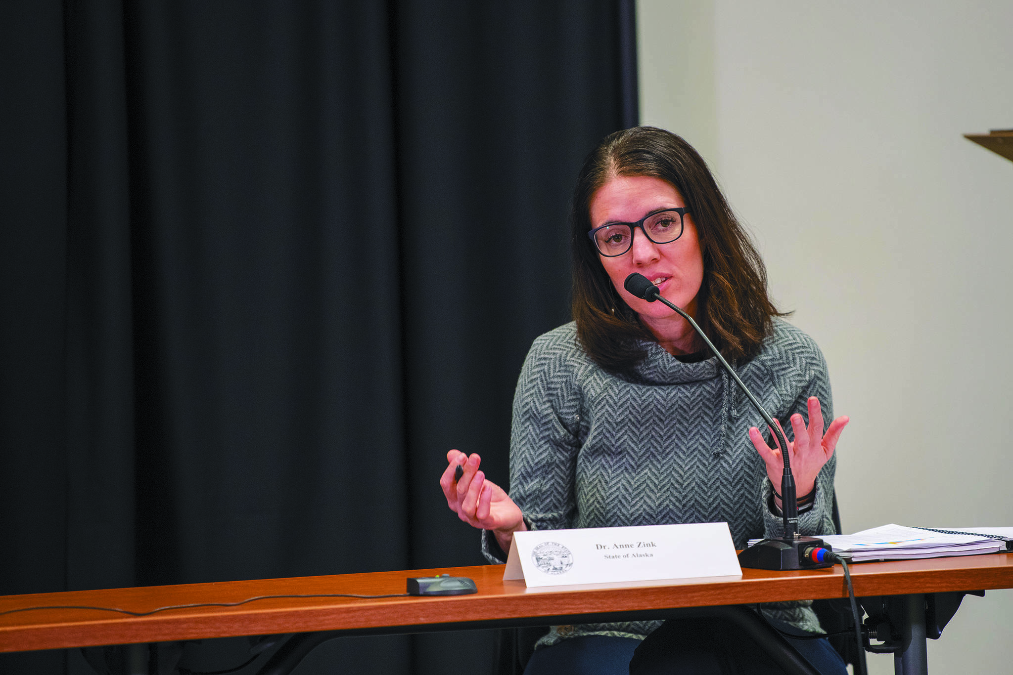 Dr. Anne Zink, Alaska’s chief medical officer, addresses reporters during a Wednesday, March 25, 2020 press conference in the Atwood Building in Anchorage, Alaska. (Photo courtesy Office of the Governor)