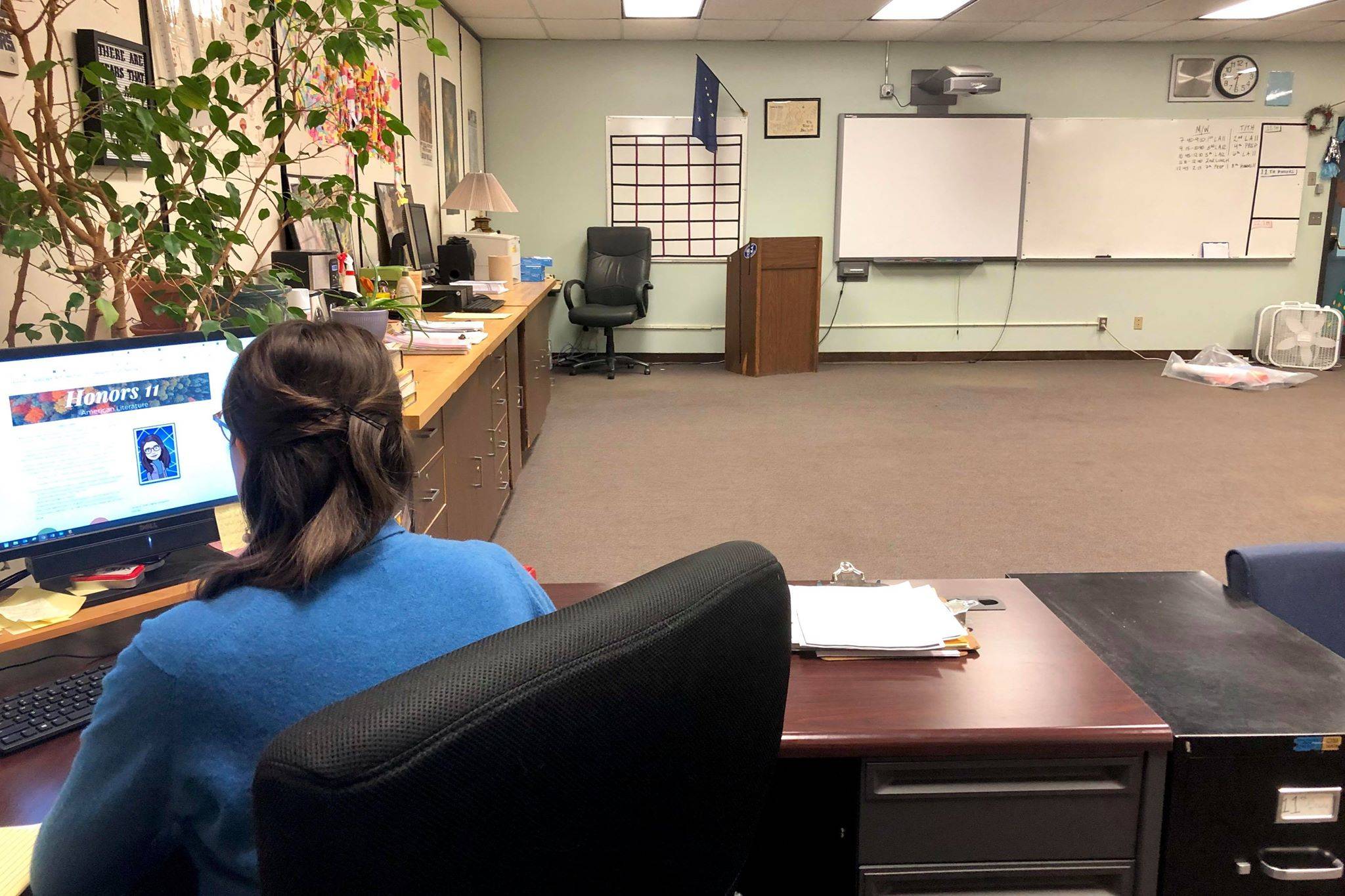 Soldotna High School English teacher Nicole Hewitt teaches her students remotely from her empty classroom at Soldotna High School on Monday, April 6, 2020 in Soldotna, Alaska. (Photo by Victoria Petersen/Peninsula Clarion)