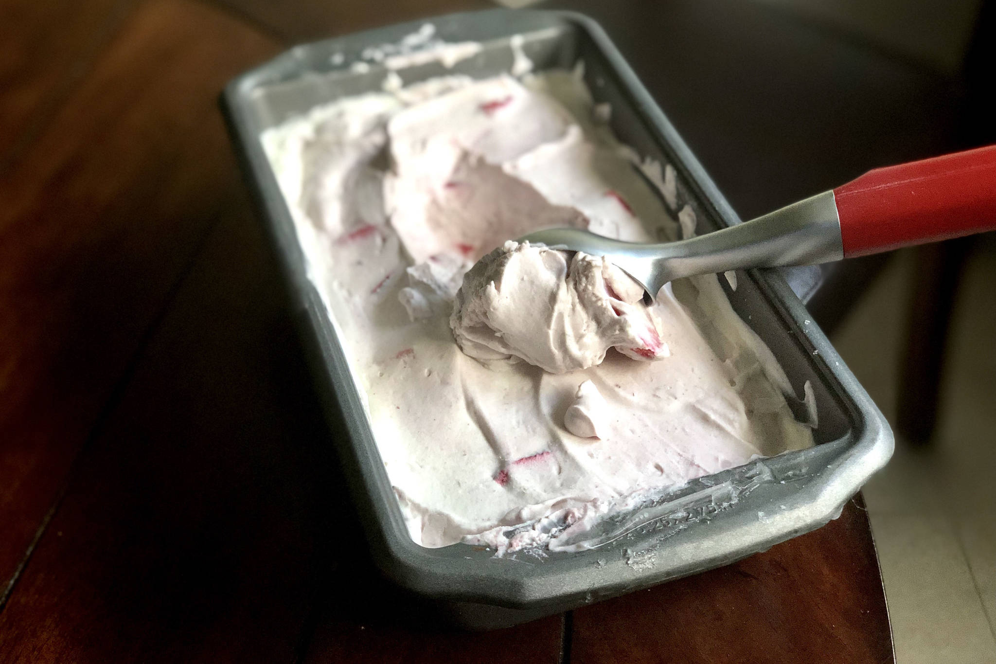 Rhubarb preserves in cardamom spiced ice cream are pictured in this Wednesday, June 10, 2020, in Anchorage, Alaska. (Photo by Victoria Petersen/Peninsula Clarion)