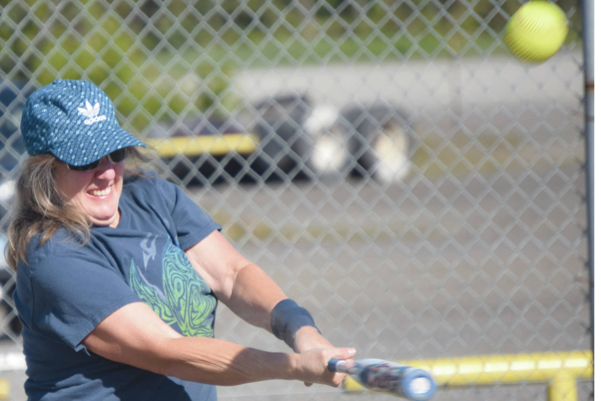 Judy Wroe of Soldotna bats during senior softball at the Steve Shearer Memorial Ball Park in Kenai, Alaska, on Tuesday, June 16, 2020. (Photo by Jeff Helminiak/Peninsula Clarion)