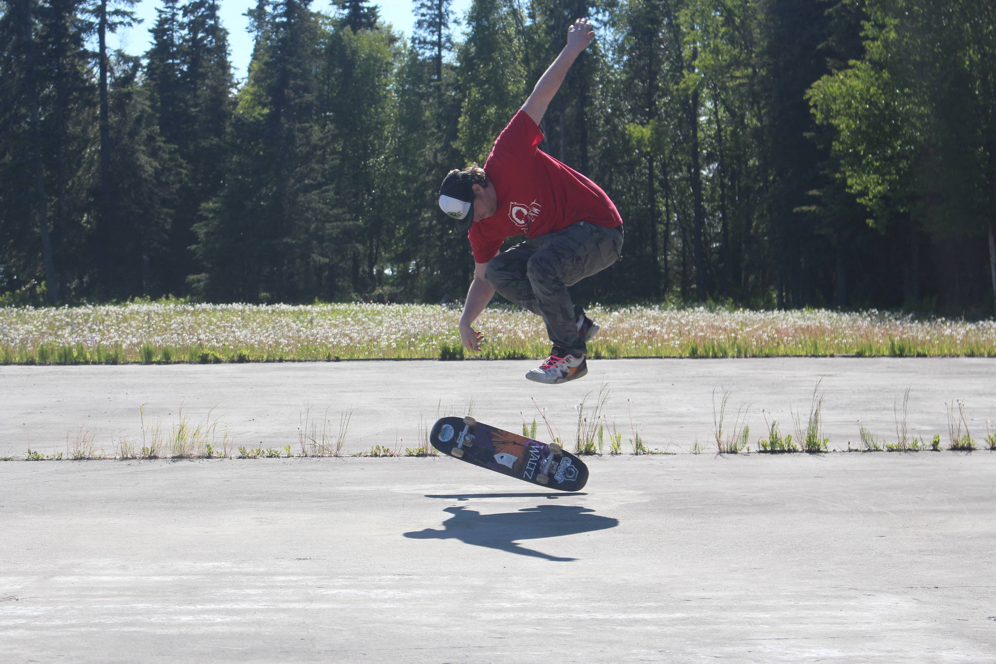 Nikiski skateboarder Vaughn Johnson records his run for the 2020 World Freestyle Roundup in Nikiski, Alaska on June 14, 2020. (Photo by Brian Mazurek/Peninsula Clarion)