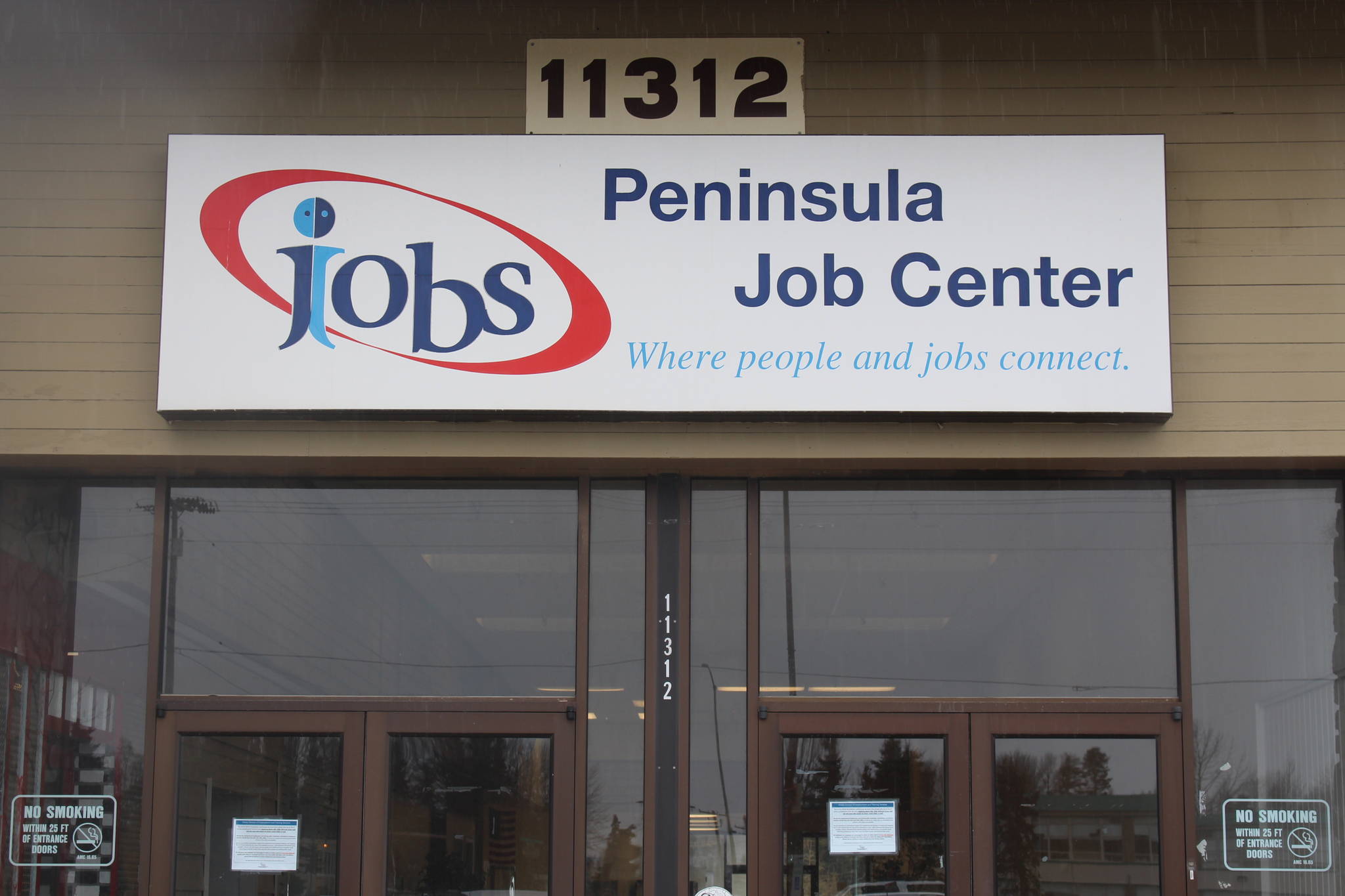 The entrance to the Kenai Peninsula Job Center is seen here in Kenai, Alaska on April 15, 2020. (Photo by Brian Mazurek/Peninsula Clarion)