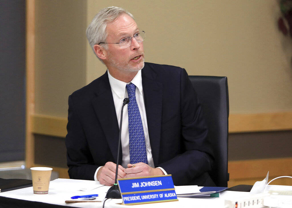 In this July 30, 2019, file photo, University of Alaska President Jim Johnsen speaks at a meeting in Anchorage, Alaska. Johnsen, the embattled University of Alaska president, has resigned, the university announced Monday, June 22, 2020. The change in leadership was a mutual decision made after Johnsen consulted with the Board of Regents, according to a statement. His biography was immediately removed from the university’s web page. (AP Photo/Dan Joling, File)