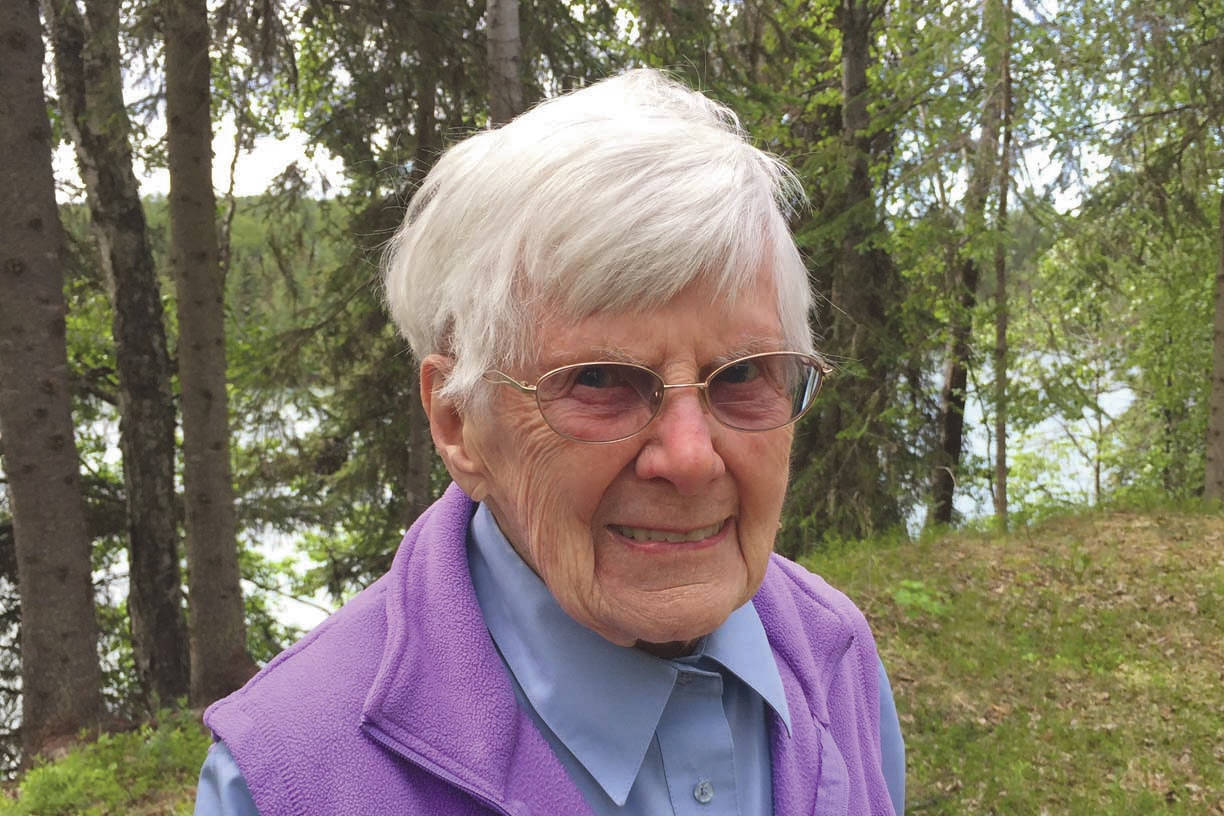 Marge Mullen is seen on her original homestead in Soldotna, Alaska, on Monday, June 22, 2020. Mullen turns 100 on Thursday, June 25, 2020. (Photo provided by Debbie Smith)