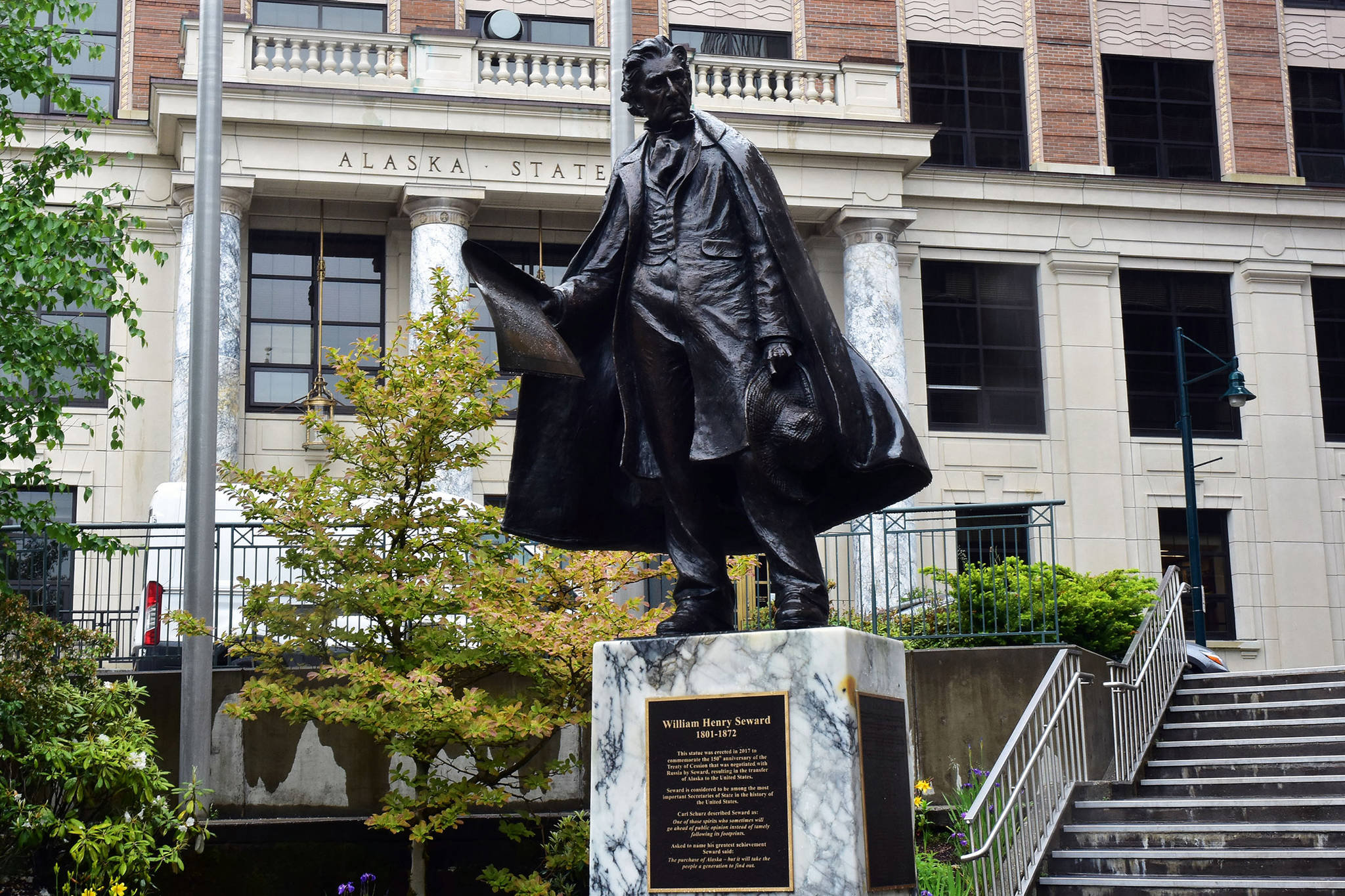 A statue of William Henry Seward, former U.S. Senator and governor of New York, Vice President and Secretary of State who negotiated the purchase of the Alaska territory from the Russian Empire in 1867 on Tuesday, June 16, 2020. (Peter Segall | Juneau Empire)