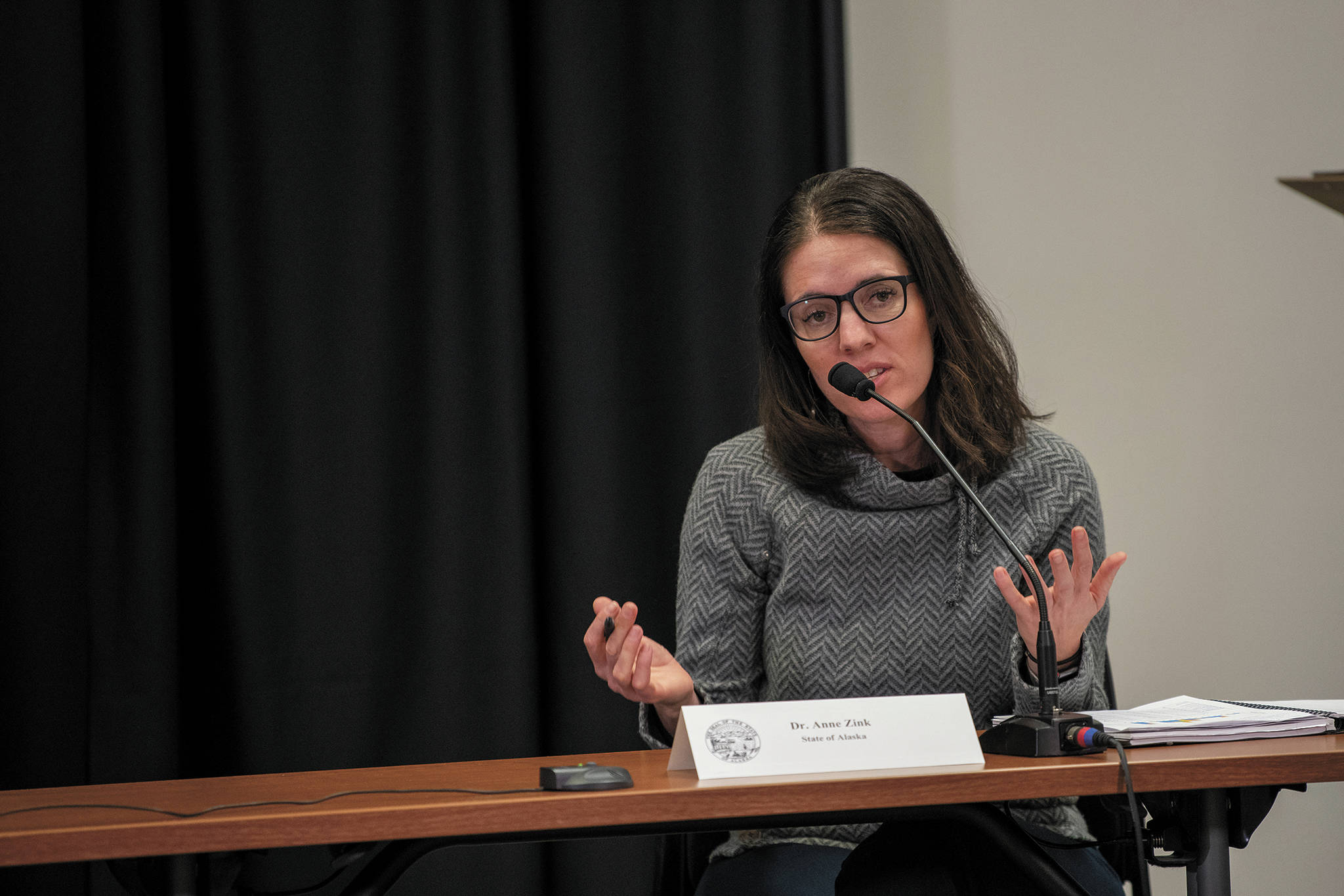 Dr. Anne Zink, Alaska’s chief medical officer, addresses reporters during a Wendesday, March 25, 2020 press conference in the Atwood Building in Anchorage, Alaska. (Photo courtesy Office of the Governor)