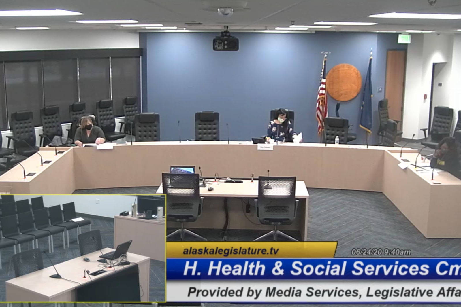 From left, Rep. Geran Tarr, D- Anchorage, Rep. Tiffany Zulkosky, D-Bethel and Rep. Sharon Jackson, R- Eagle River, hold a hearing for the Alaska House Health and Social Services Committee on the State’s COVID-19 response at the Anchorage Legislative Office in Anchorage on June 24, 2020. (Screenshot by Brian Mazurek/Peninsula Clarion)