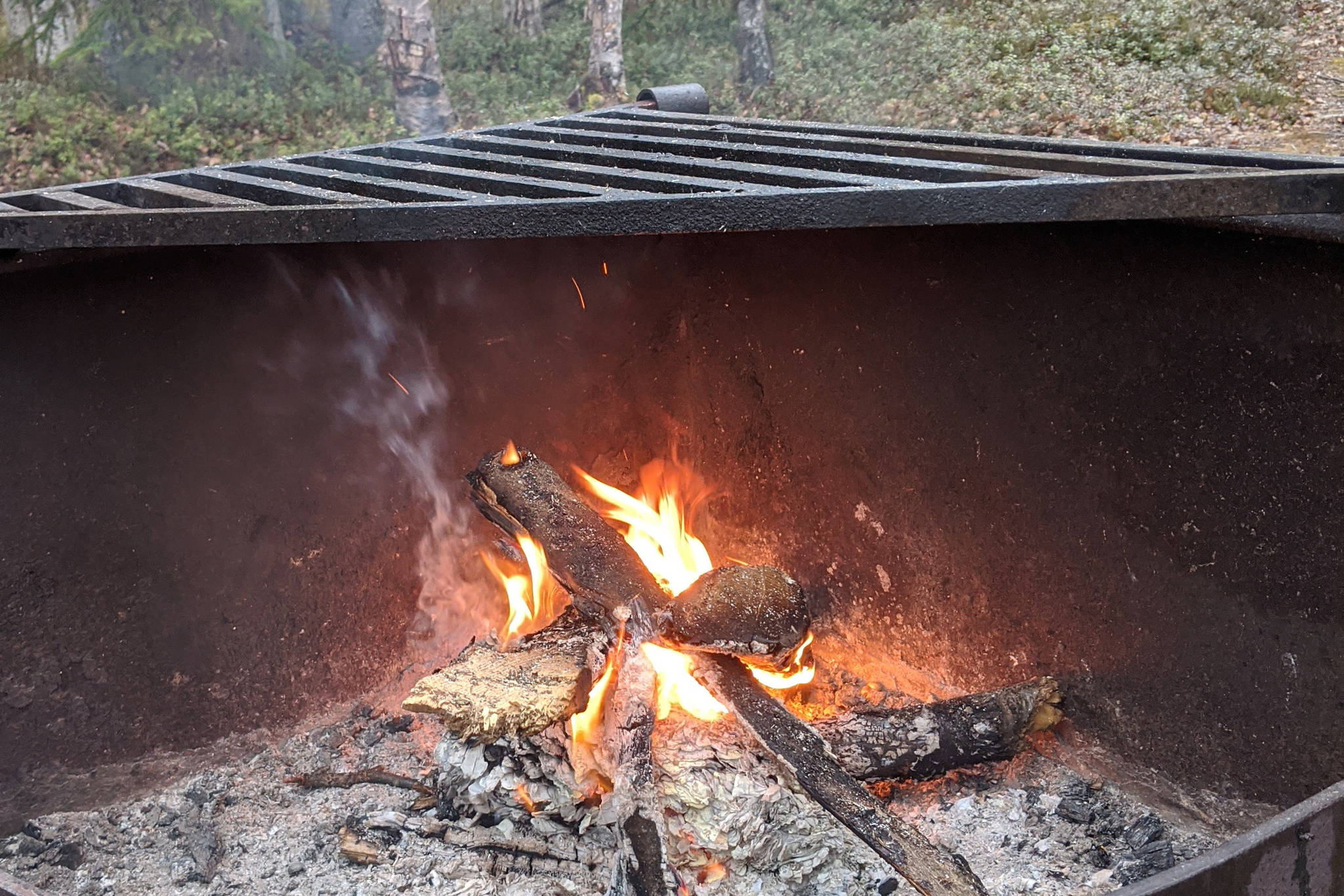 A campfire can be seen at the Quartz Creek Campground in Cooper Landing, Alaska, in May 2020. (Clarion staff)