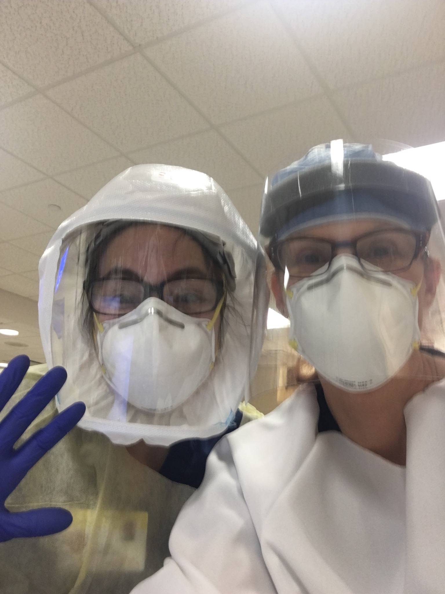 Robin Richardson, right, and her coworker Ellen Paffie from Georgia get ready for the night shift at White Plains Hospital in White Plains, New York on May 7, 2020. (Photo courtesy Robin Richardson)