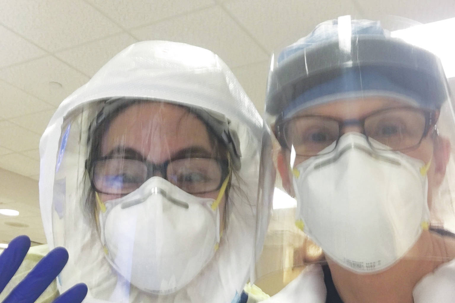 Robin Richardson, right, and her coworker Ellen Paffie from Georgia get ready for the night shift at White Plains Hospital in White Plains, New York on May 7, 2020. (Photo courtesy Robin Richardson)