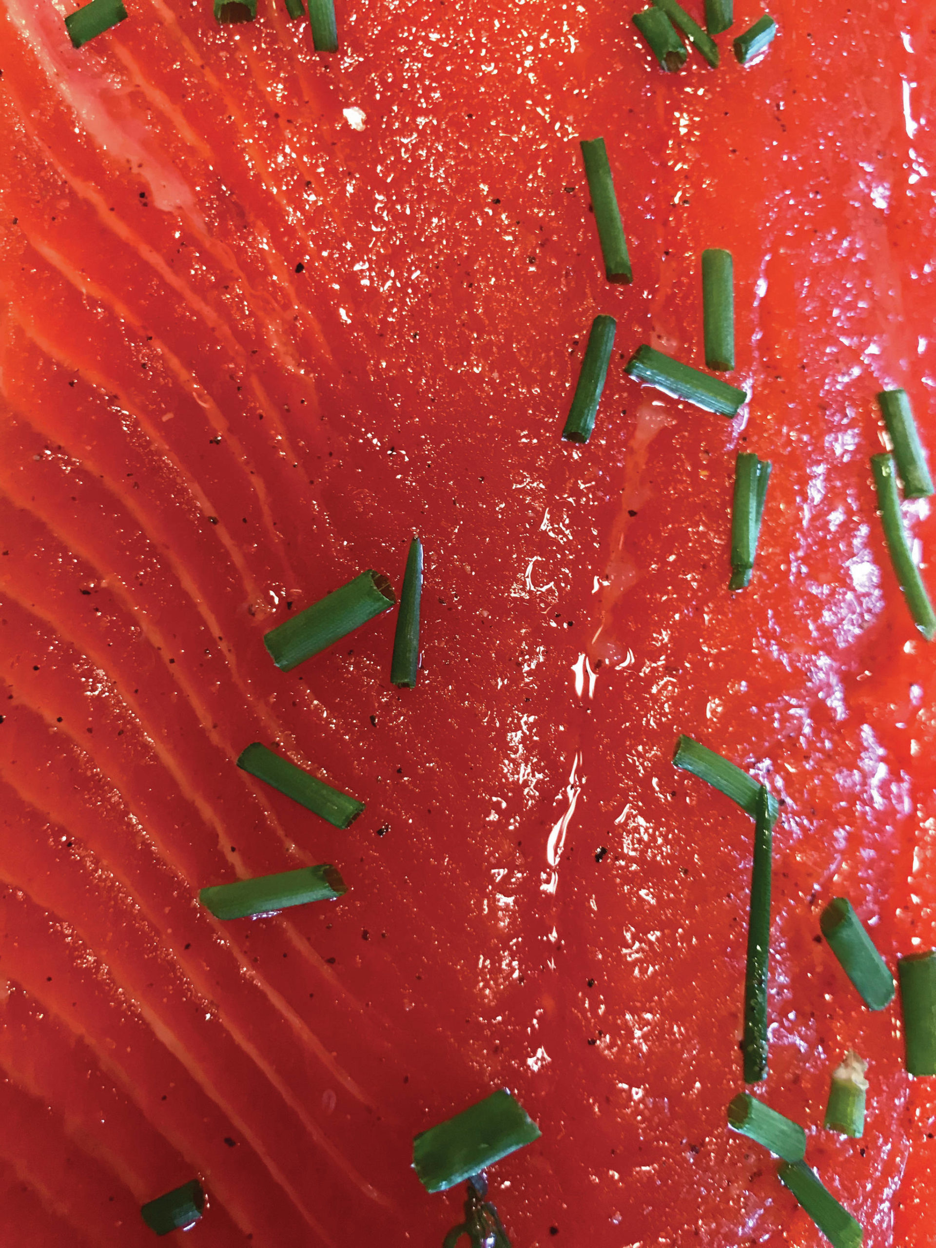 Fresh, sea-bright salmon is the key ingredient to roasted salmon with miso rice and ginger-scallion vinaigrette, as seen here on Wednesday, June 24, 2020, in Teri Robl’s Homer, Alaska kitchen. (Photo by Teri Robl)