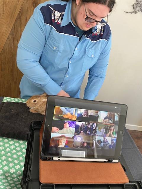 Colton Rankin, member of the North Road Rangers 4-H Club, participates in a 4-H workshop on Zoom with his rabbit on April 9, 2020. (Photo courtesy Cassy Rankin/Kenai Peninsula District 4-H)