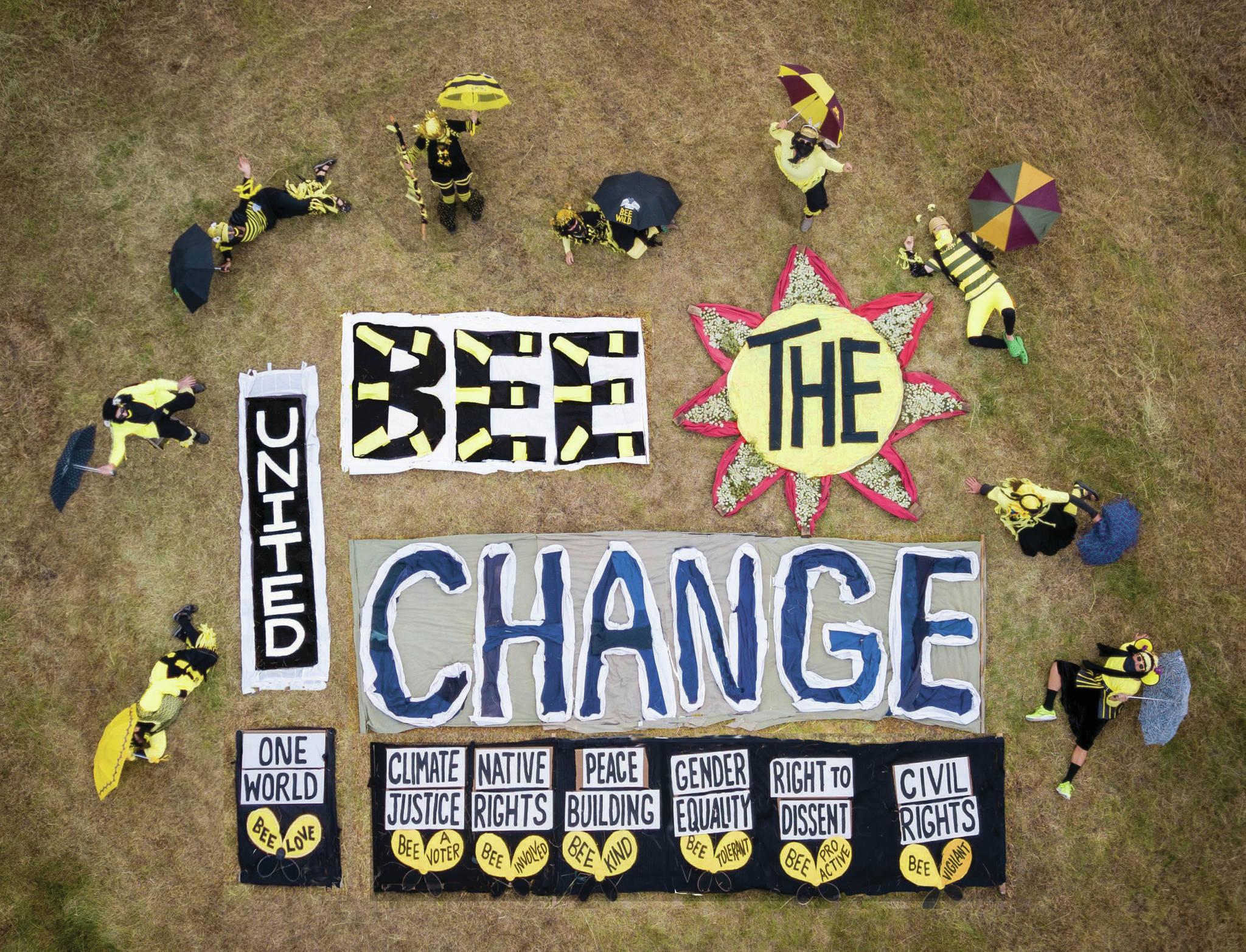 Members of Mavis Muller’s “BEE the change” art project pose for a drone photograph on July 5, 2020, at Muller’s home in Homer, Alaska. (Photo by John Newton)