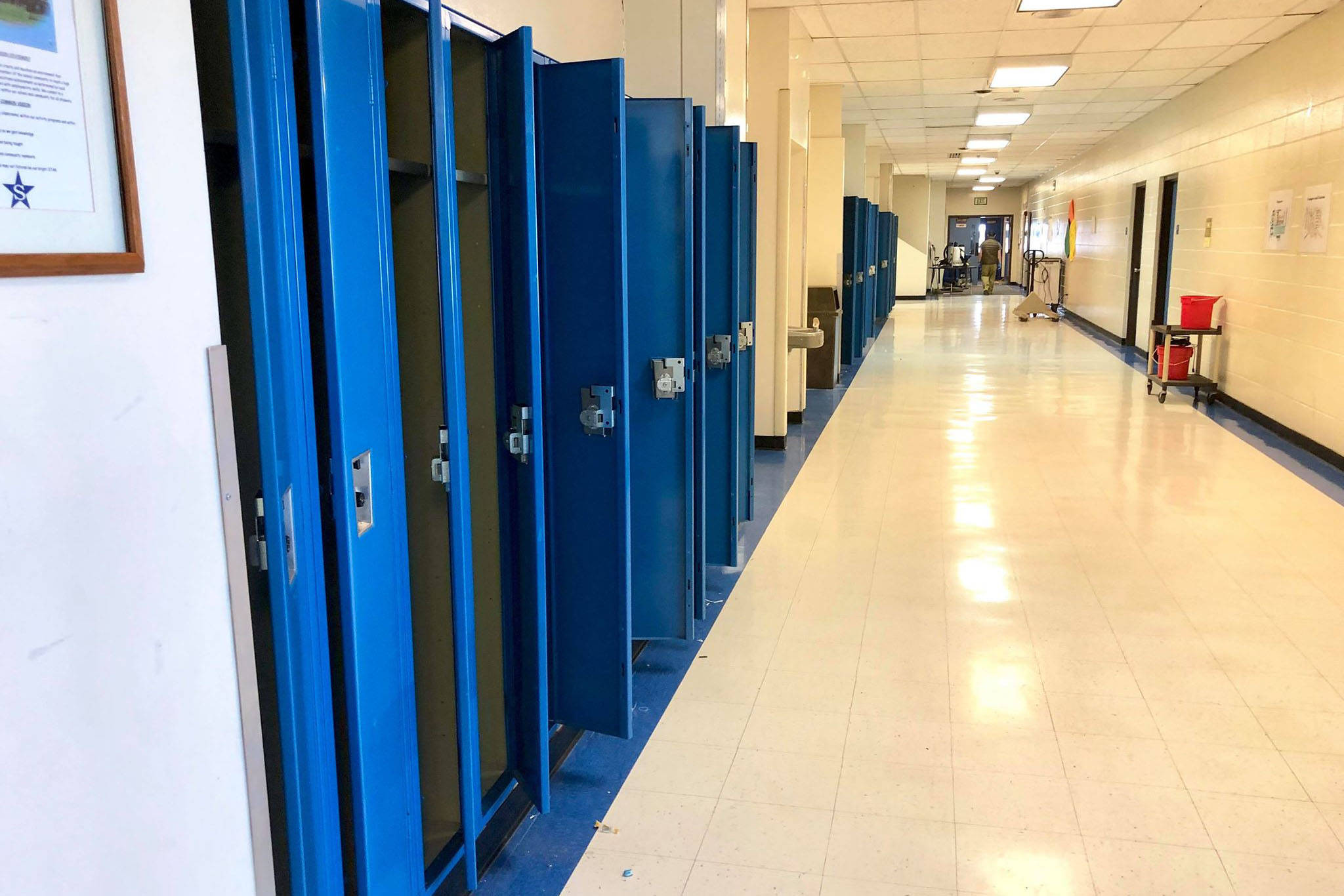 Lockers and hallways remain empty with schools closed across Alaska to slow the spread of COVID-19, the disease caused by the new coronavirus that has prompted a global pandemic, on Monday, April 6, 2020 in Soldotna, Alaska. (photo by Victoria Petersen/Peninsula Clarion)