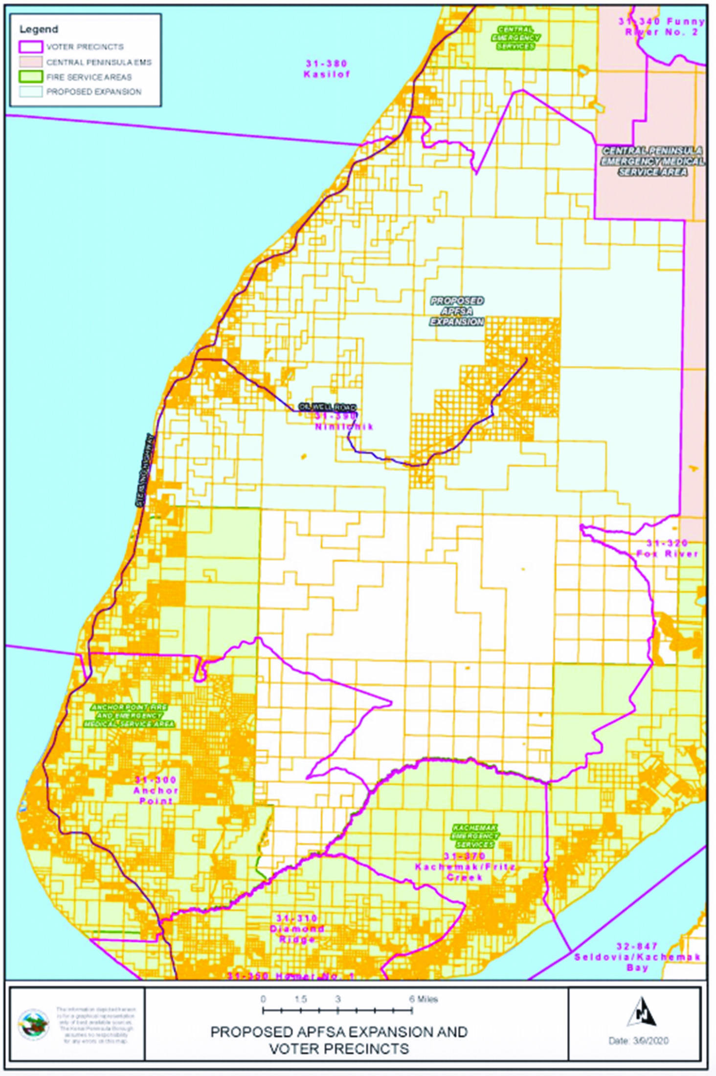 This map from a work group final report shows the proposed boundaries of a combined fire and EMS service area to serve both Anchor Point and Ninilchik, Alaska. The borough is currently gathering feedback on the work group’s final report before the Kenai Peninsula Borough Assembly votes on an ordinance that would put a proposal to form the service area on the October election ballot. (Image courtesy Kenai Peninsula Borough)