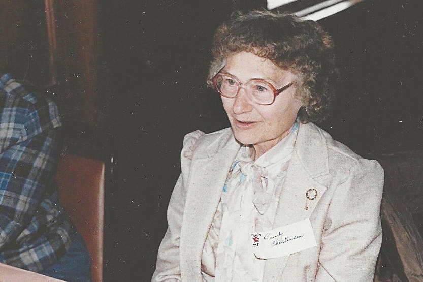 Beverly Christensen speaks at a historical society meeting, circa 1980s. (Photo provided by Mona Painter)