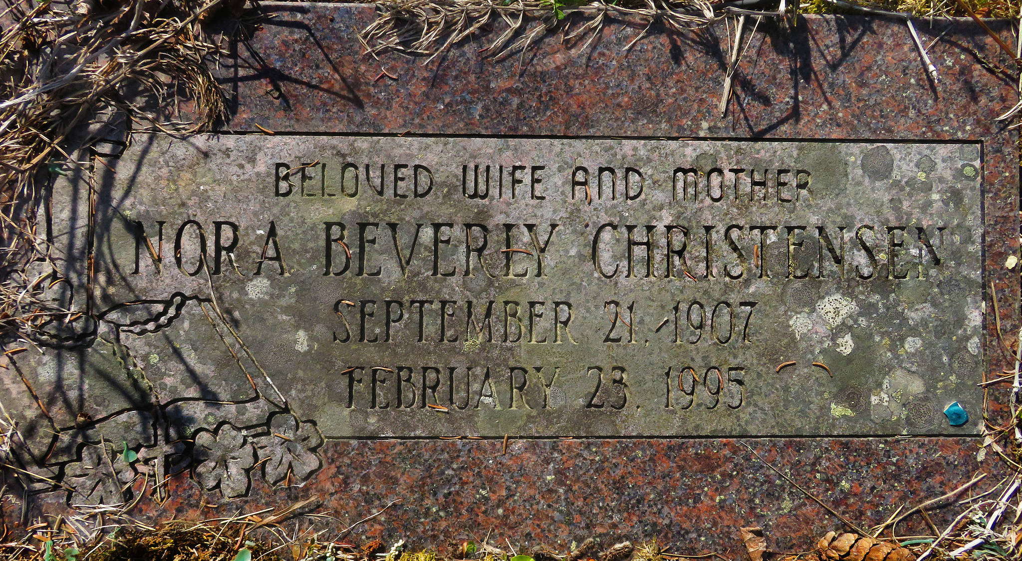 Beverly Christensen’s headstone. She was laid to rest in Spruce Grove Memorial Park in Kasilof in 1995. (Photo by Clark Fair)