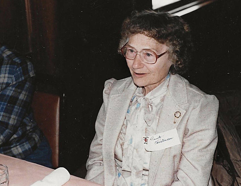 Beverly Christensen speaks at a historical society meeting, circa 1980s. (Photo provided by Mona Painter)