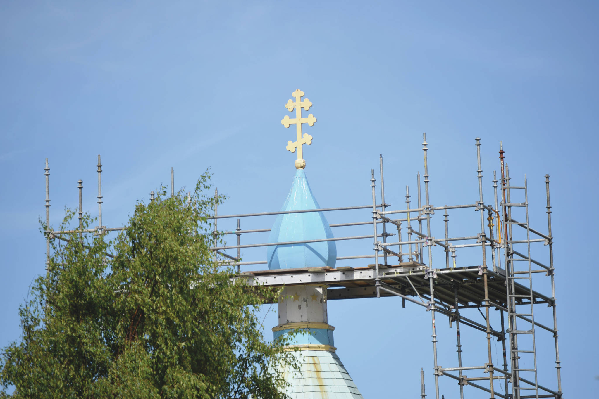 Scaffolding is erected around the Holy Assumption of the Virgin Mary Russian Orthodox Church in Kenai, Alaska, on Monday, July 20, 2020. (Photo by Jeff Helminiak/Peninsula Clarion)
