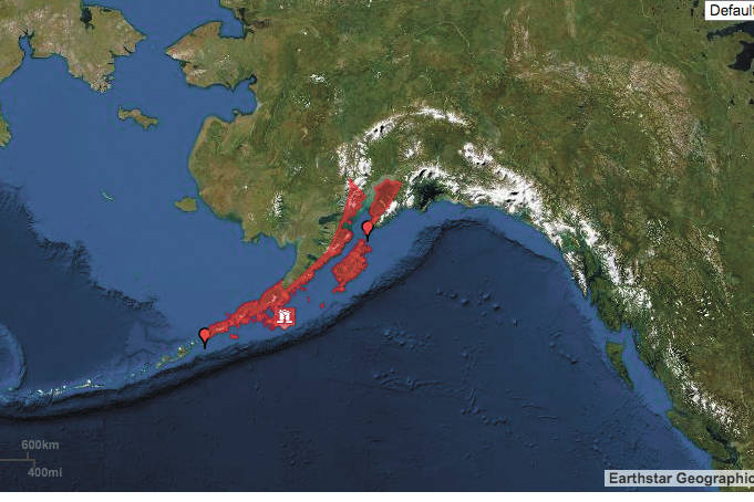 This screenshot shows the areas of Alaska under a tsunami warning following a 7.4 magnitude earthquake that struck off the Aleutian Chain Tuesday, July 21, 2020. (Screenshot from National Oceanic Atmospheric Administration)