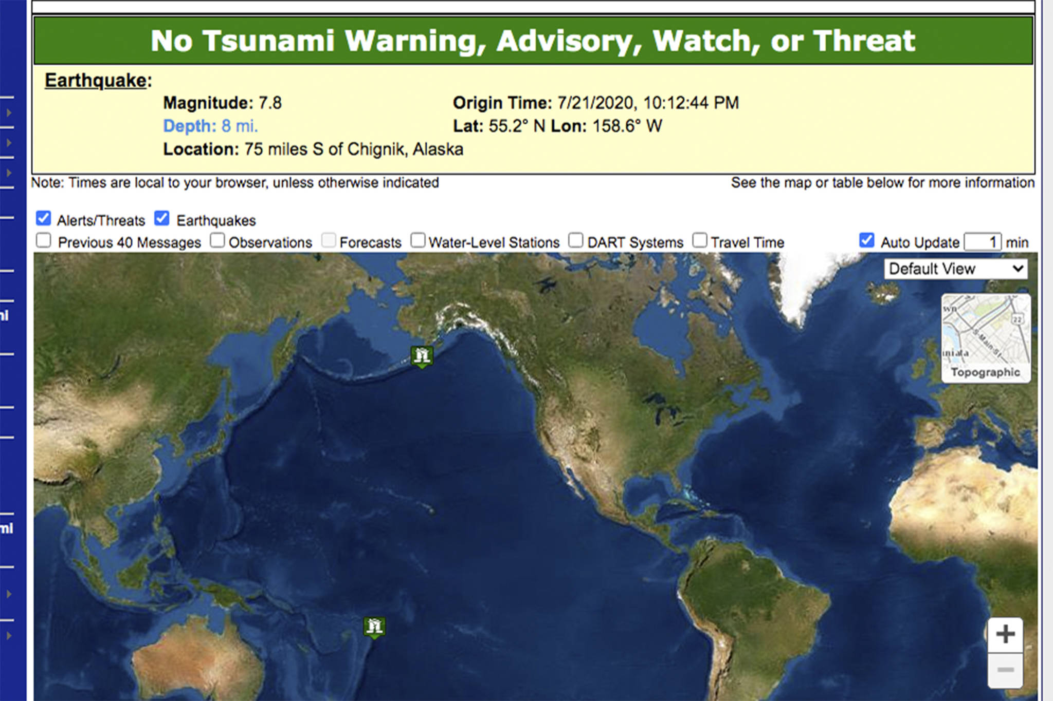 Screenshot from the U.S. Tsunami Warning Center