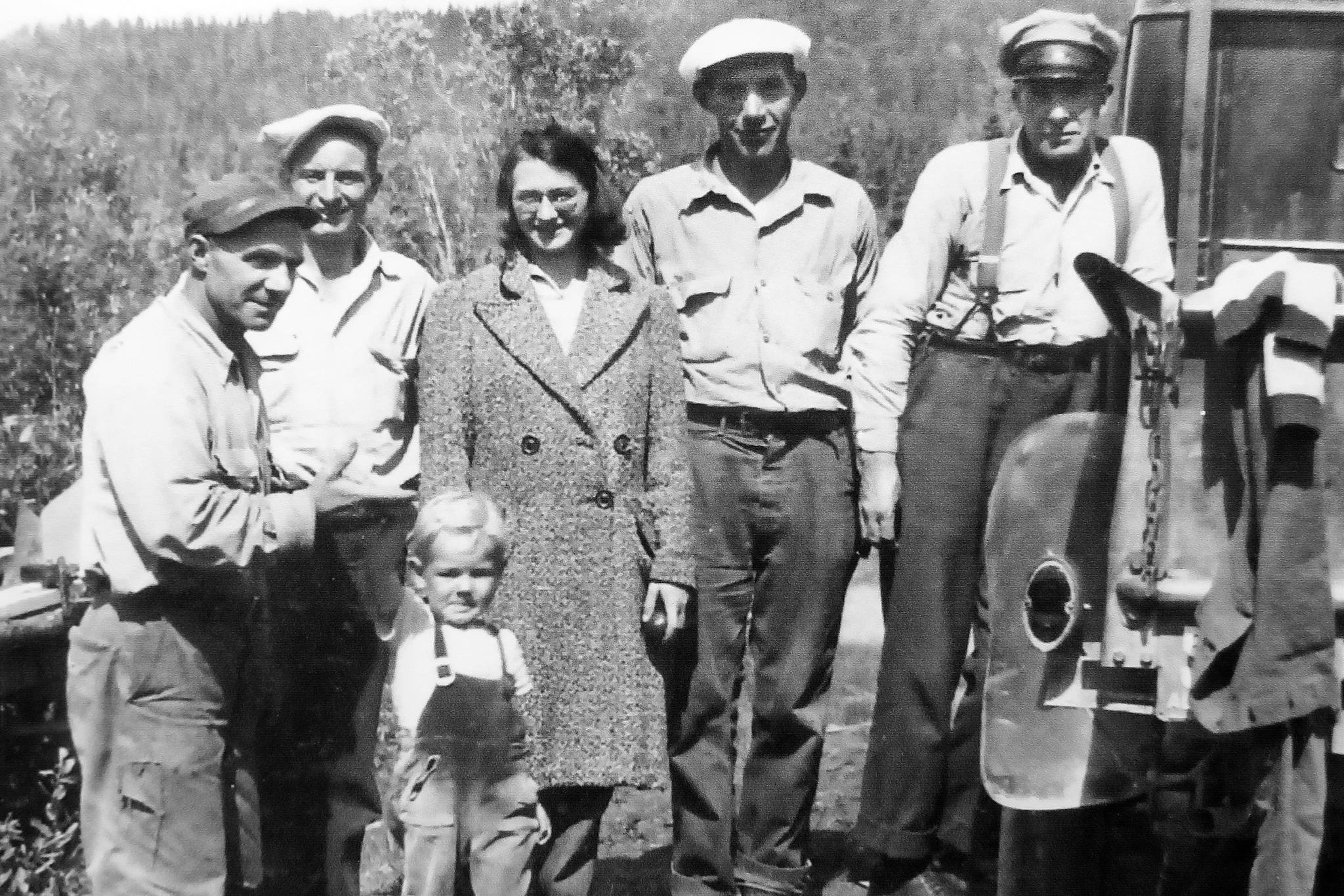 Cooper Landing characters (from left): “Little Jim” Dunmire, Harold and Gary Davis, Beverly and Joe Sabrowski, and “Big Jim” O’Brien, circa 1940s. (Photo provided by Mona Painter)