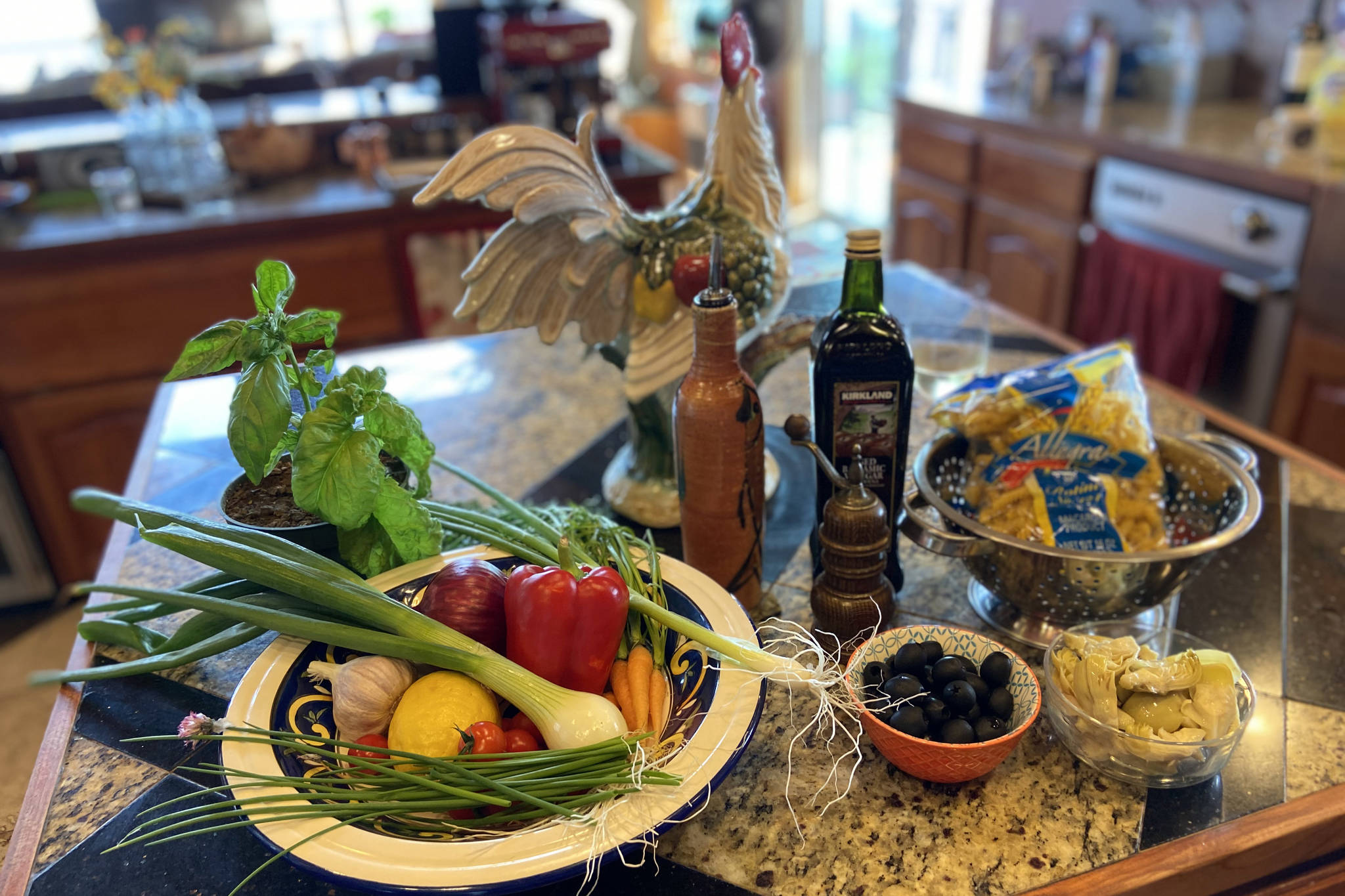 Ingredients for Farmers Market Pasta Salad are photographed in Homer, Alaska, in July 2020. (Photo by Teri Robl/Homer News)