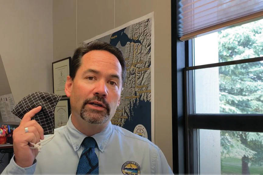 A screengrab of Kenai Peninsula Borough School District Superintedent John O’Brien announcing in a Thursday, July 30, 2020 video that masks will be required in school buildings this fall, in Soldotna, Alaska. (Photo by Victoria Petersen/Peninsula Clarion)