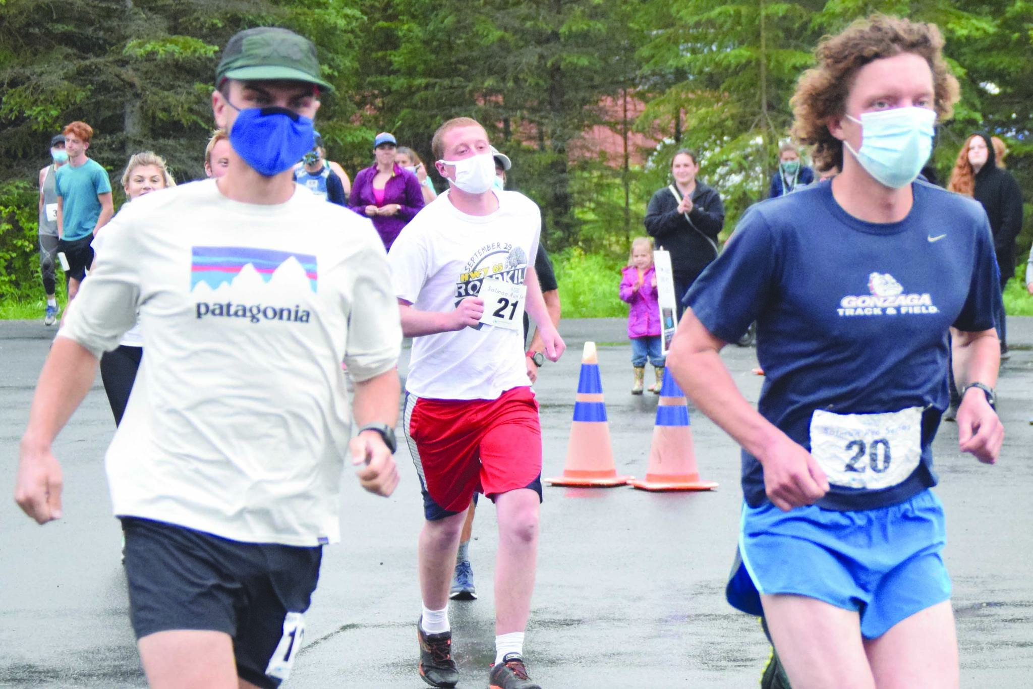 Runners take off at the start of the Salmon Run Series in Soldotna, Alaska, on July 8, 2020. (Photo by Jeff Helminiak/Peninsula Clarion)