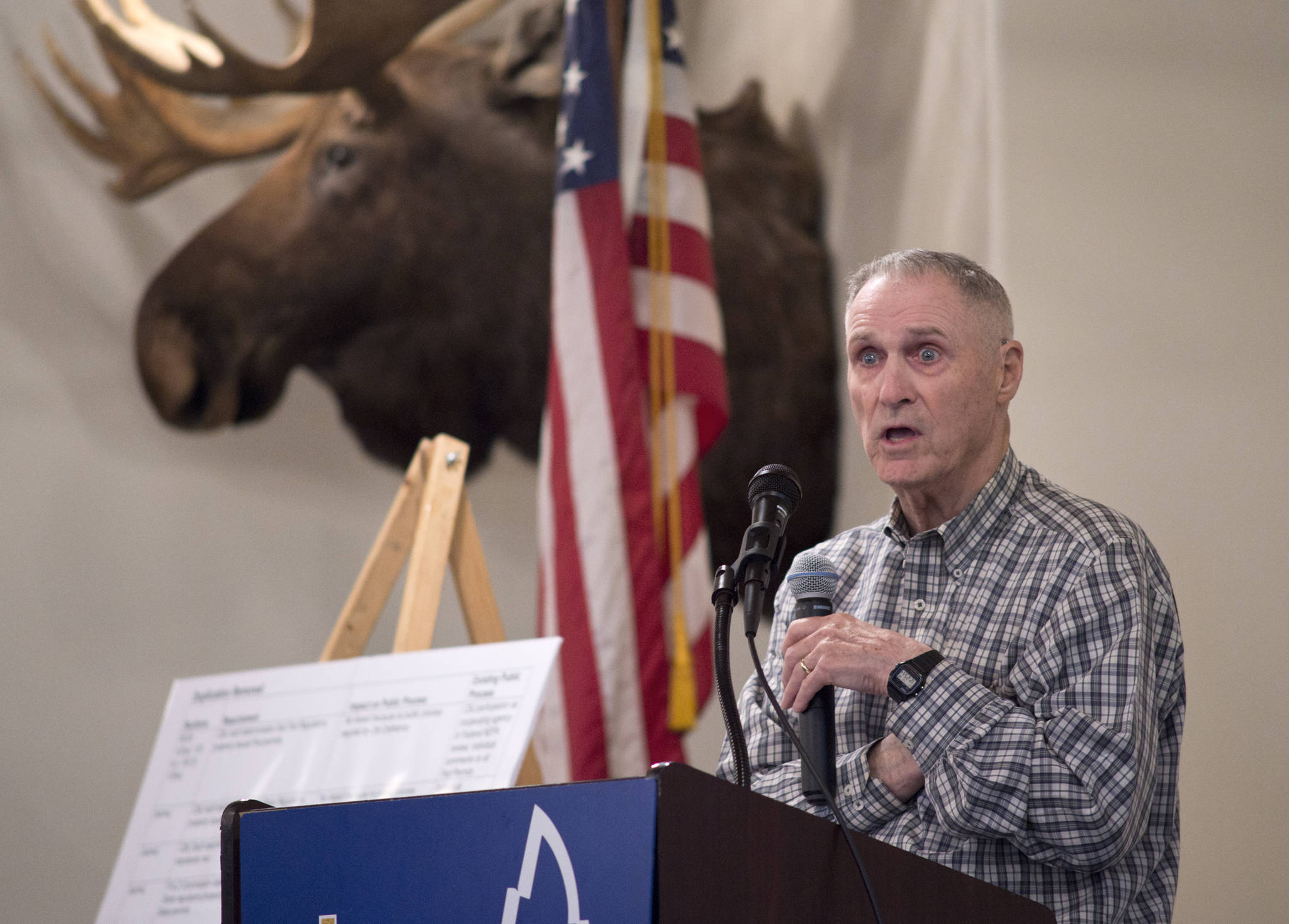 Long-time resident and local businessman Bill Corbus speaks to the Juneau Chamber of Commerce during their weekly luncheon in May 2017. (Michael Penn / Juneau Empire File)