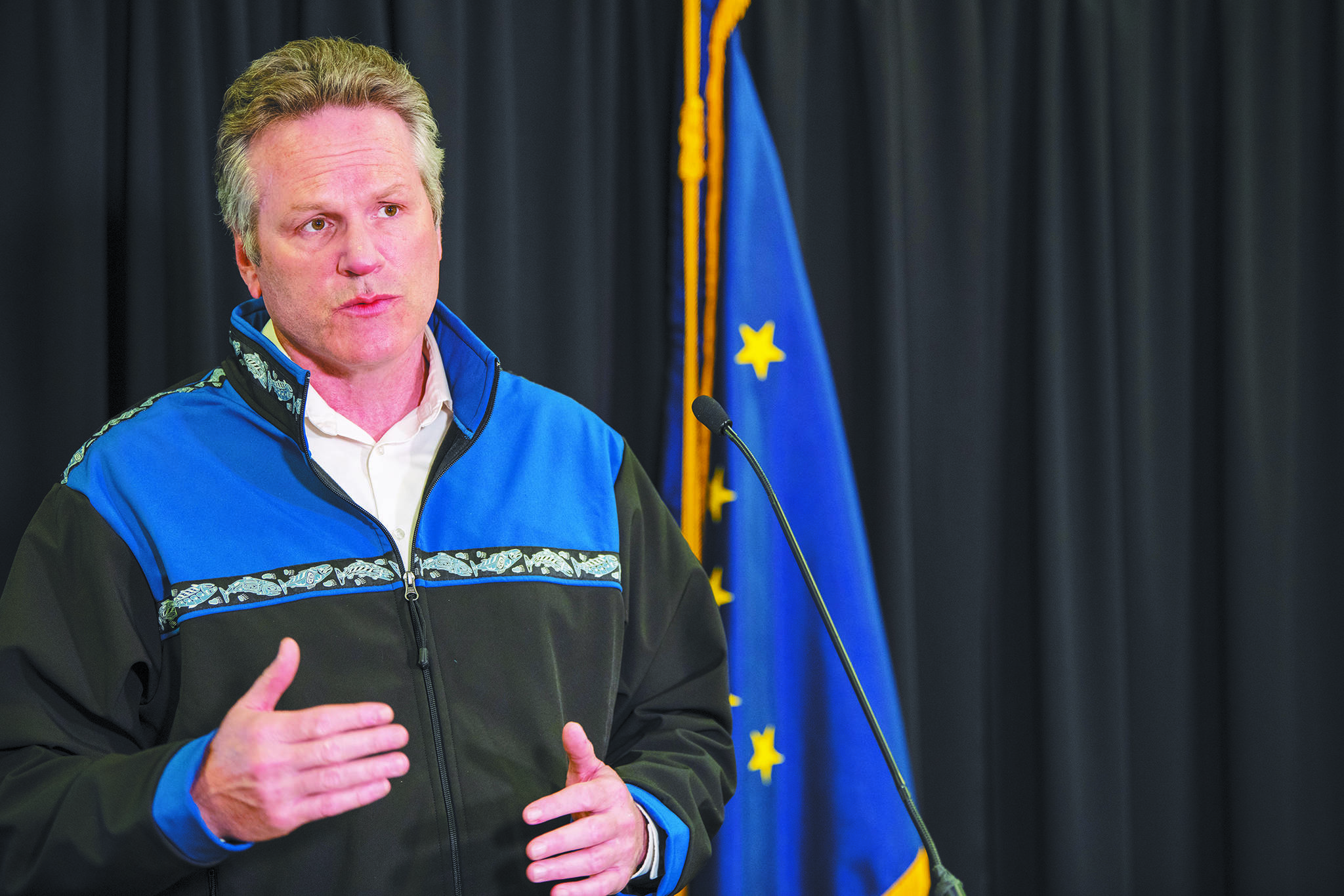 Gov. Mike Dunleavy speaks during a Friday, May 1, 2020 press conference in the Atwood Building in Anchorage, Alaska. (Photo courtesy Office of the Governor)