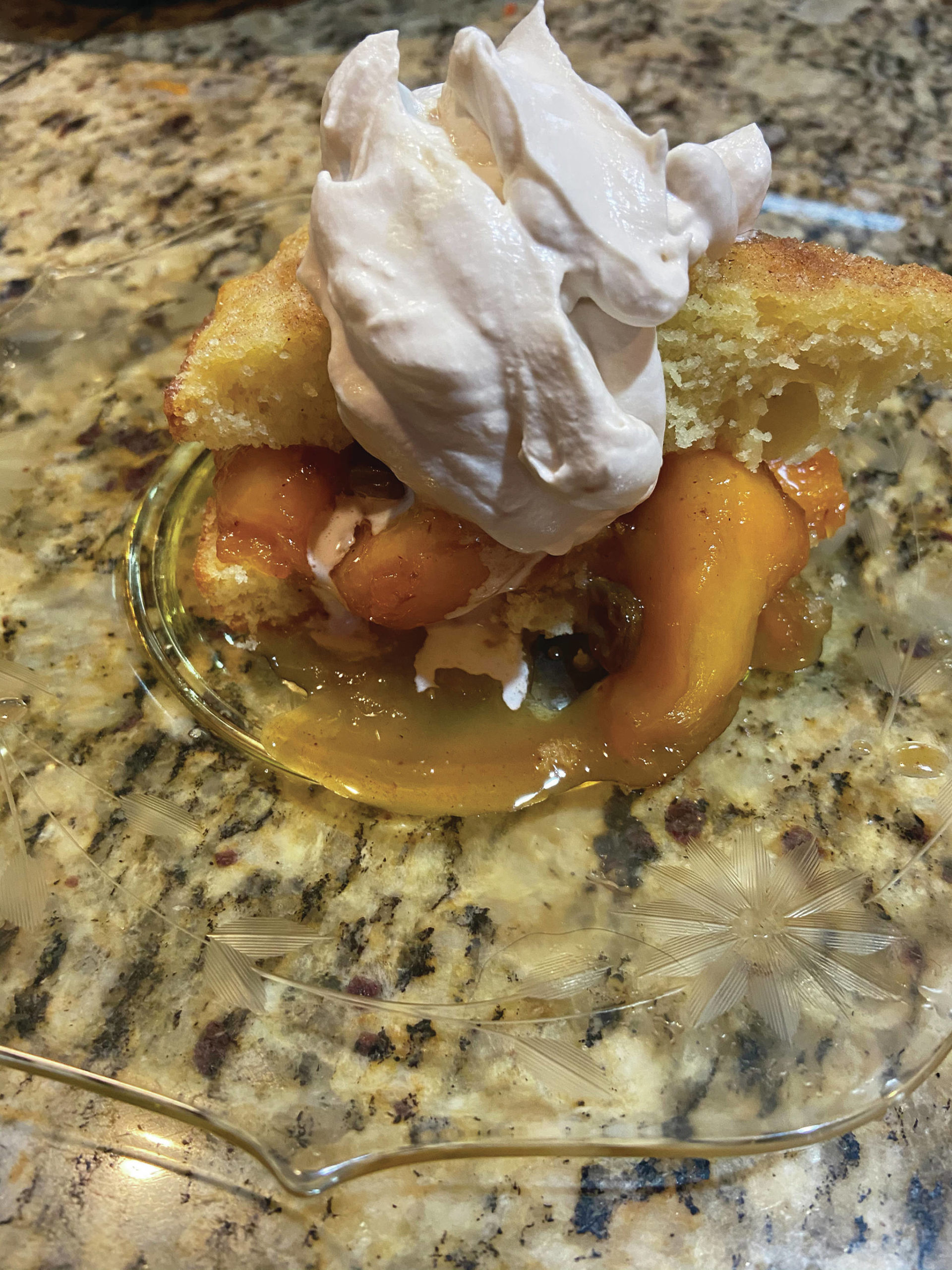 A generous dollop of whipped cream tops off peach cobbler, as seen here on Aug. 1, 2020, in Teri Robl’s Homer, Alaska, kitchen. (Photo by Teri Robl)