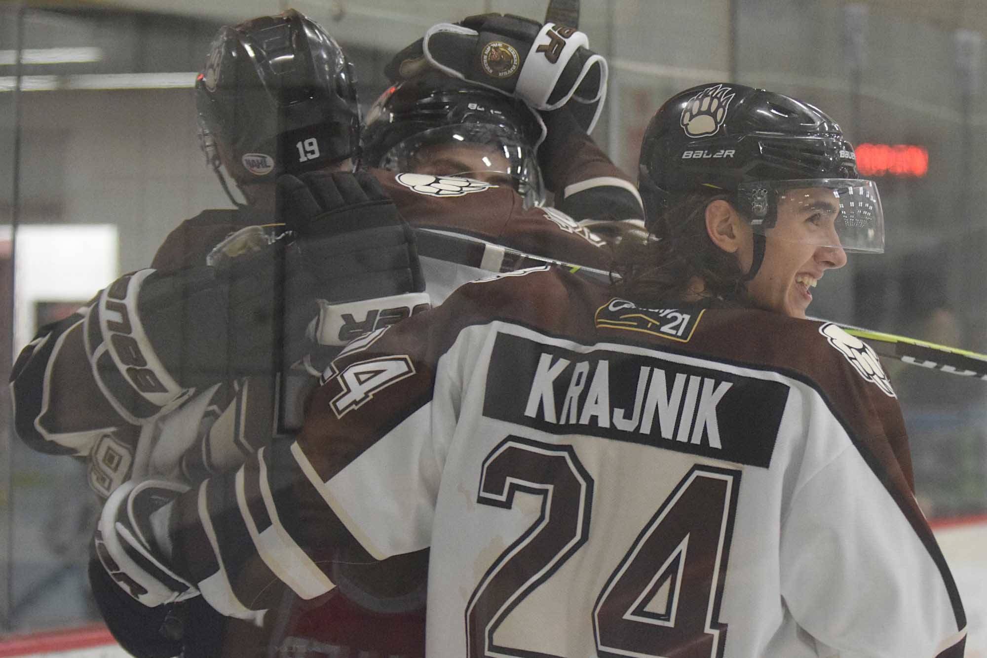 Eagle River’s Zach Krajnik and teammates celebrate the second-period goal of Michael Spethmann against the Chippewa (Wisconsin) Steel on Friday, Oct. 5, 2018, at the Soldotna Regional Sports Complex. (Photo by Jeff Helminiak/Peninsula Clarion)
