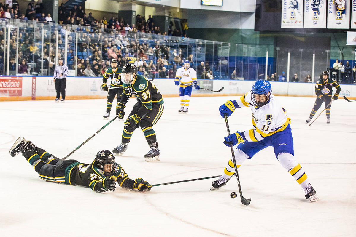 JR Ancheta/UAF Photography University of Alaska Fairbanks hockey team forward Steven Jandric in action against the UAA Seawolves.