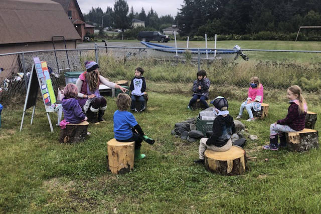 Fireweed Academy Kindergarten teacher Erin Pollock holds class outside on the first day of school Monday, Aug. 24, 2020 in Homer, Alaska. (Photo courtesy Janet Bowen, Fireweed Academy)
