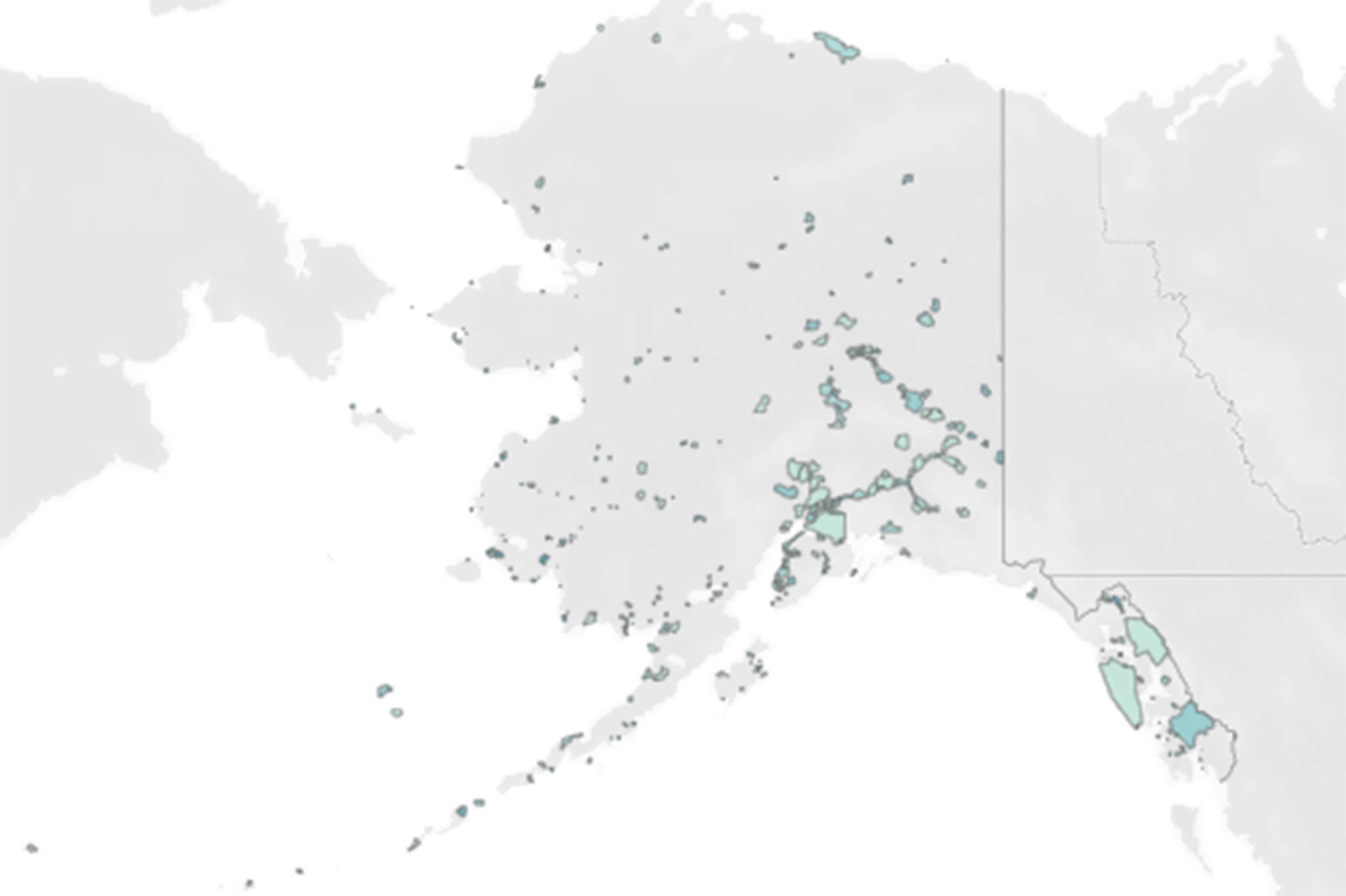This screenshot from a project by University of Alaska Southeast postdoctoral researcher John Harley shows Alaska’s cities and census-designated places. Darker-colored areas on the map are communities with higher social vulnerability indices. (Screenshot)