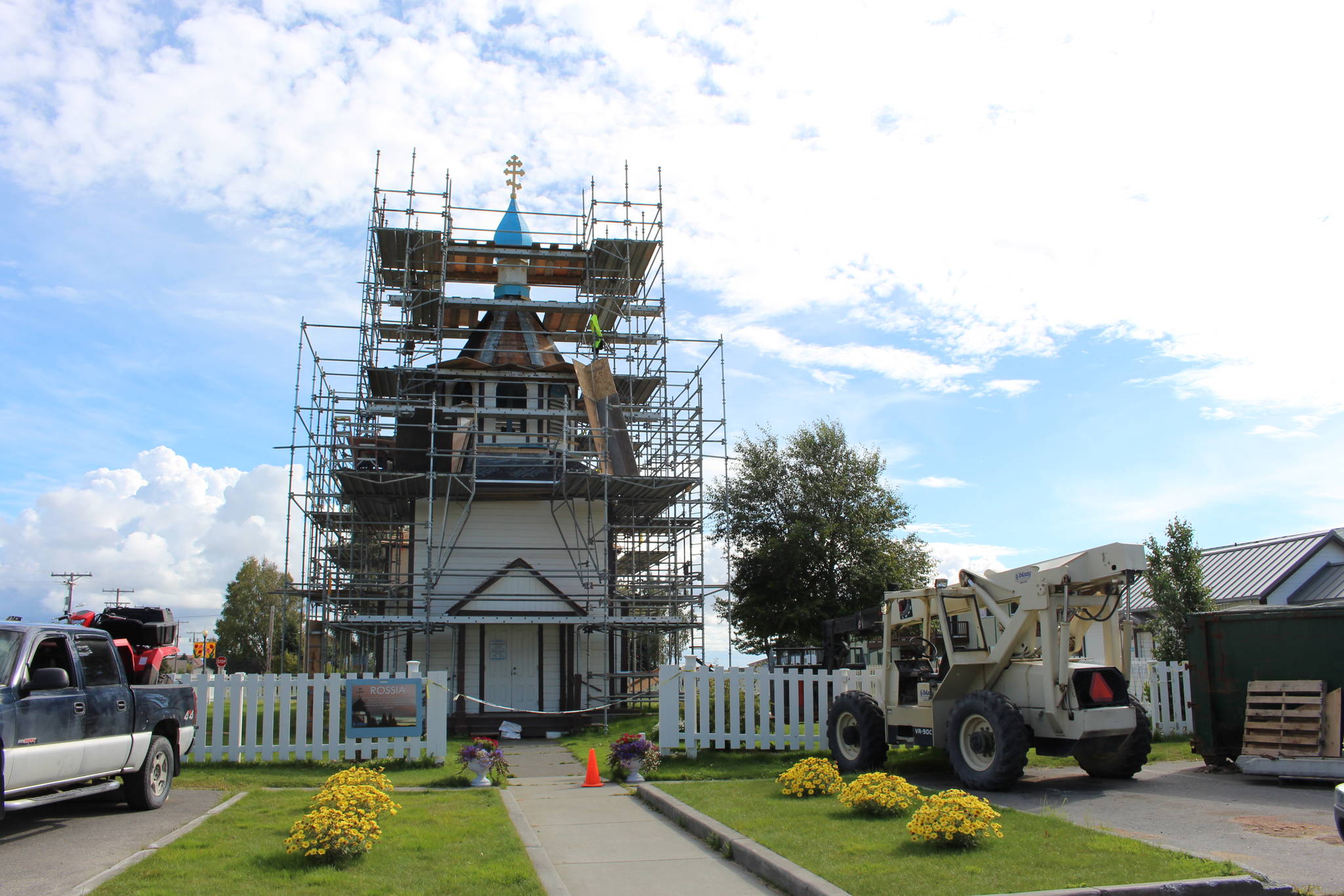 The construction efforts on the Church of the Holy Assumption of the Virgin Mary are seen here in Kenai, Alaska on Sept. 1, 2020. (Photo by Brian Mazurek/Peninsula Clarion)