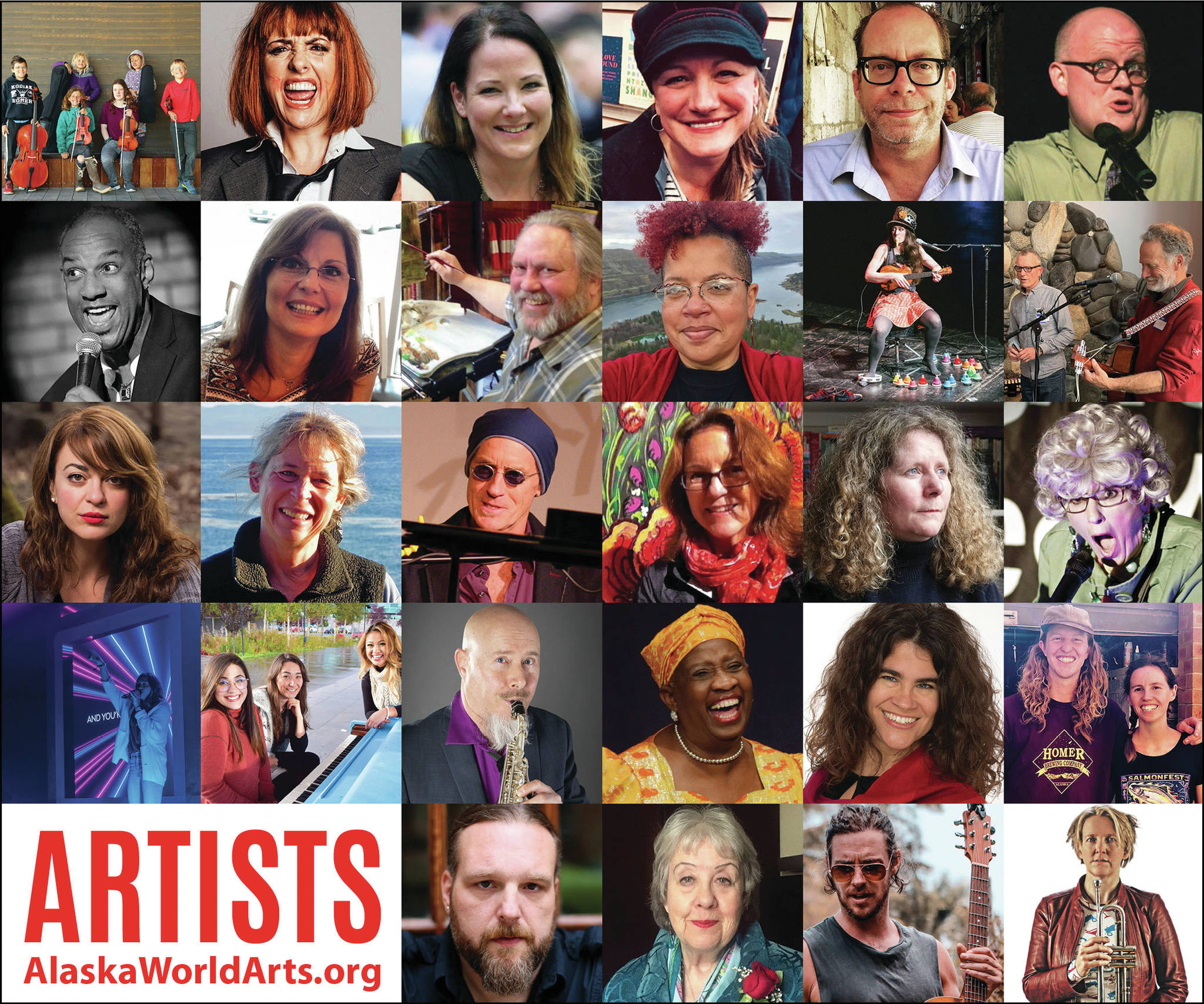 A poster for the Alaska World Arts Festival shows some of the musicians, writers, poets and performers who will be appearing both live and virtually during the festival held Sept. 11-24 in Homer, Alaska, and virtually. (Photo courtesy Alaska World Arts Festival)