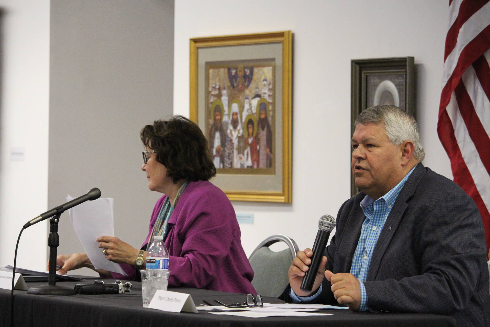 Mayoral candidates Linda Farnsworth-Hutchings (left) and Kenai Peninsula Borough Mayor Charlie Pierce (right) participate in a forum during the Kenai and Soldotna Chambers of Commerce Joint Luncheon and the Kenai Visitor and Cultural Center on Sept. 9, 2020. (Photo by Brian Mazurek/Peninsula Clarion)