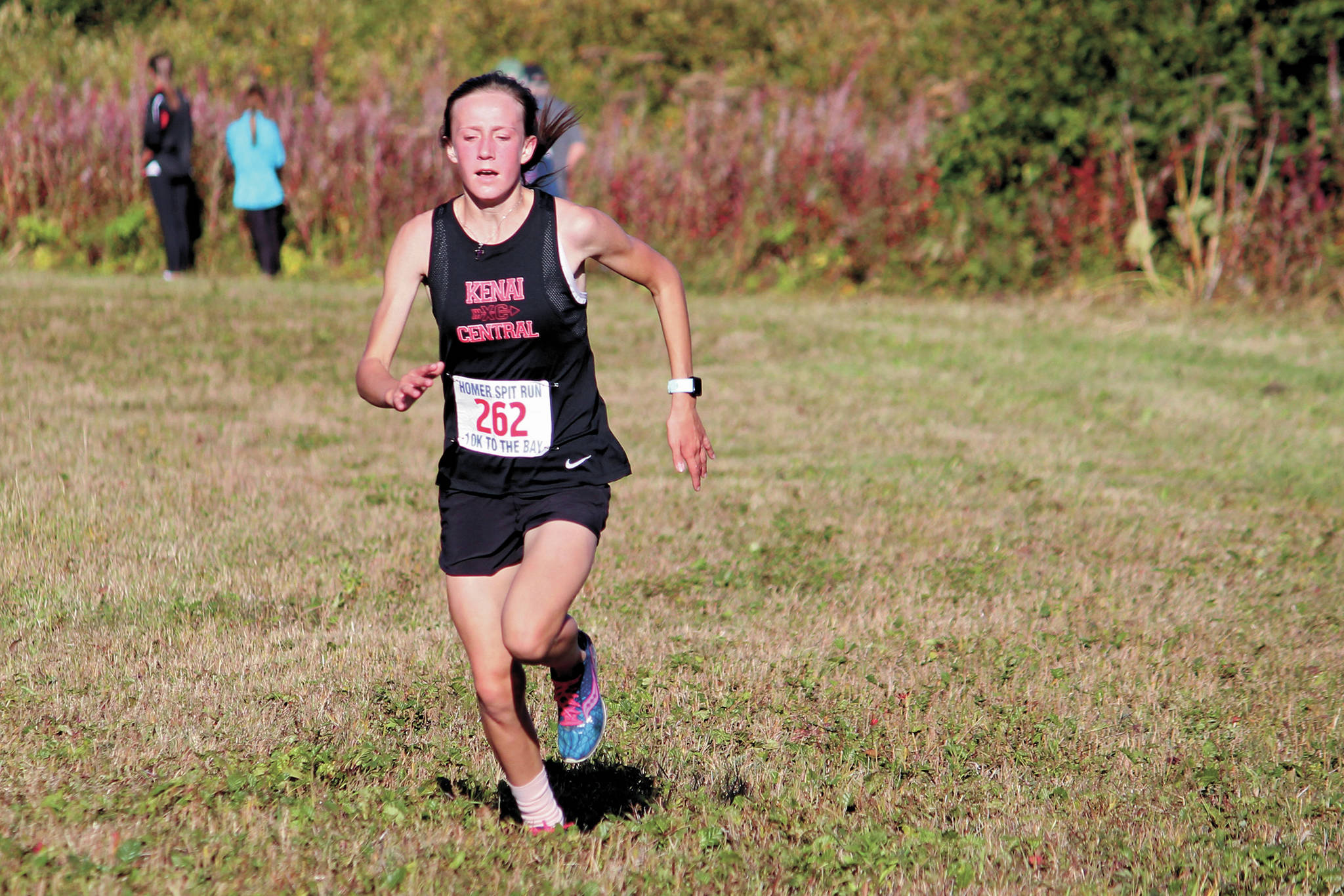 Kenai’s Jayna Boonstra claims first place in the varsity girls’ 5 kilometer race Friday, Sept. 11, 2020 at the Lookout Mountain Trails near Homer, Alaska. (Photo by Megan Pacer/Homer News)